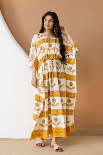 Mustard Bloom Hand Block Printed Cotton Kaftan