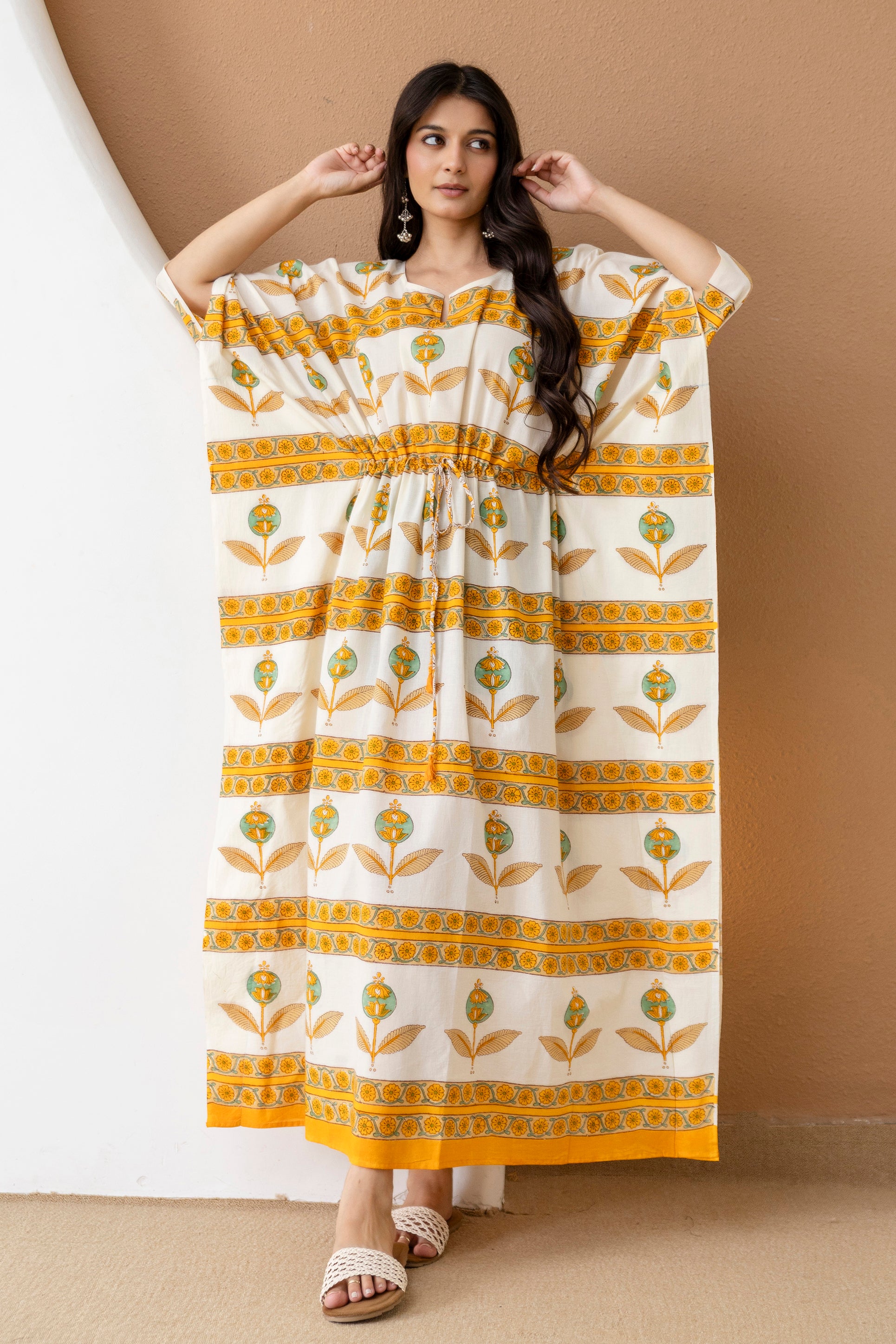 Mustard Bloom Hand Block Printed Cotton Kaftan