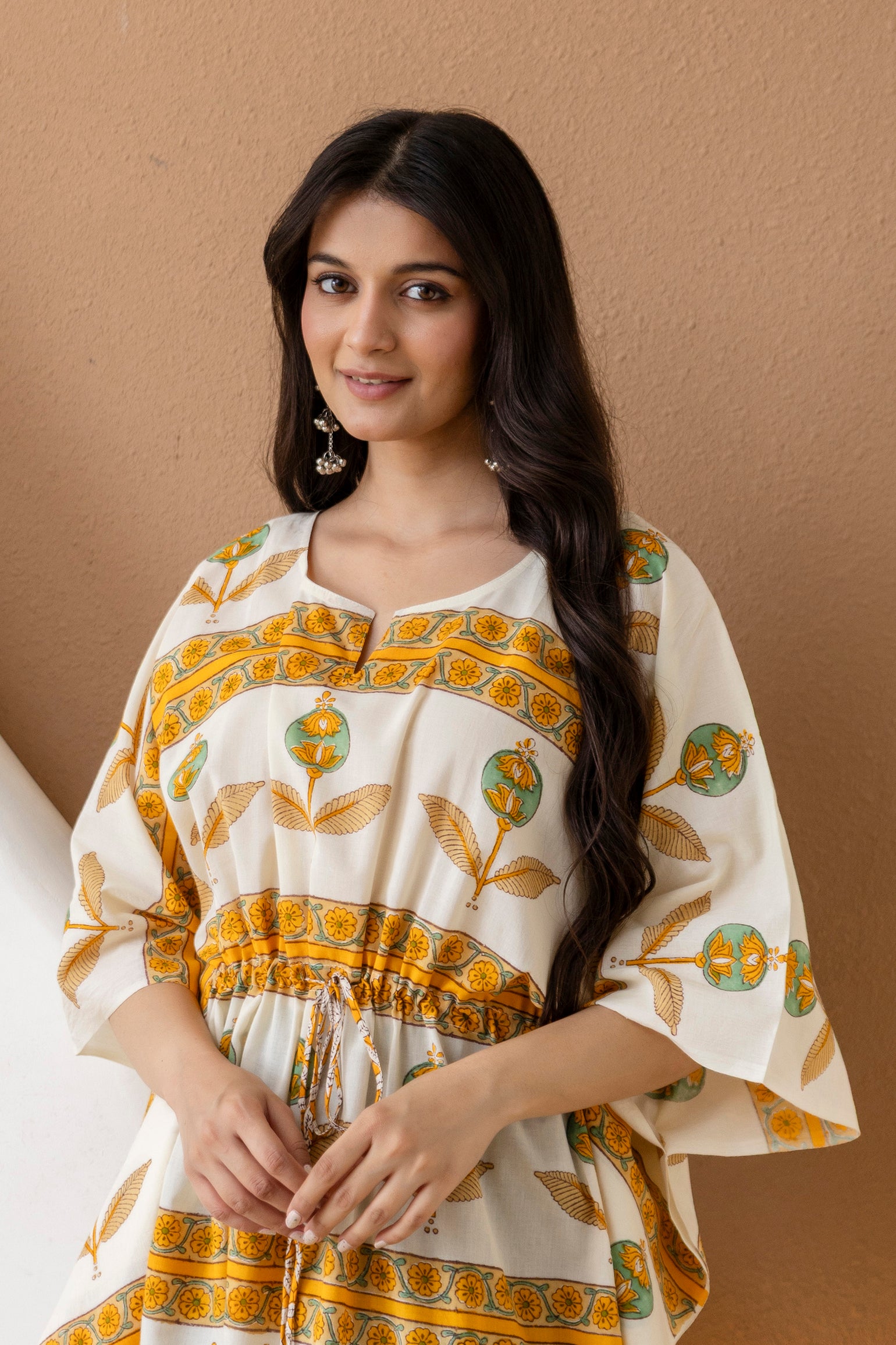 Mustard Bloom Hand Block Printed Cotton Kaftan