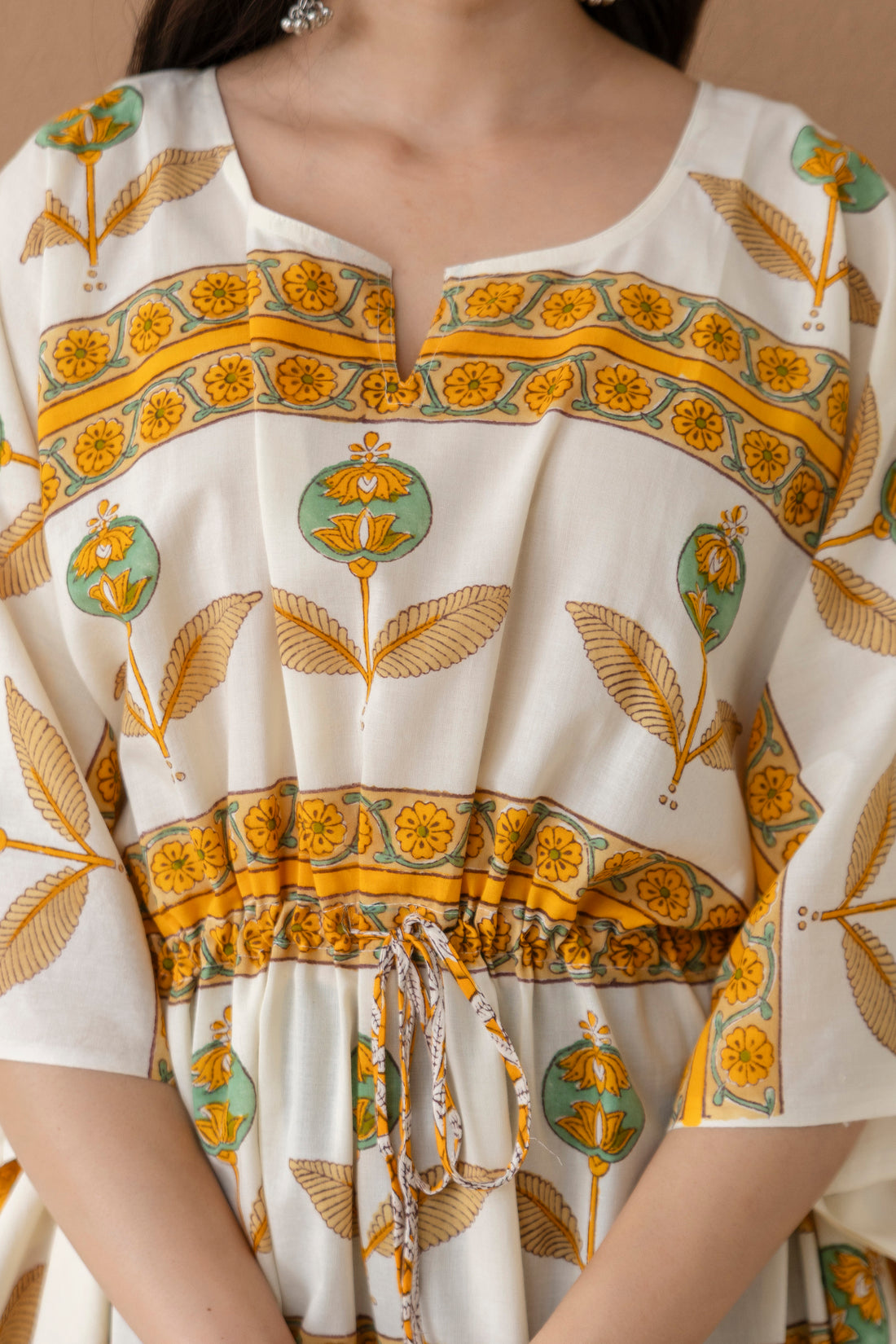 Mustard Bloom Hand Block Printed Cotton Kaftan