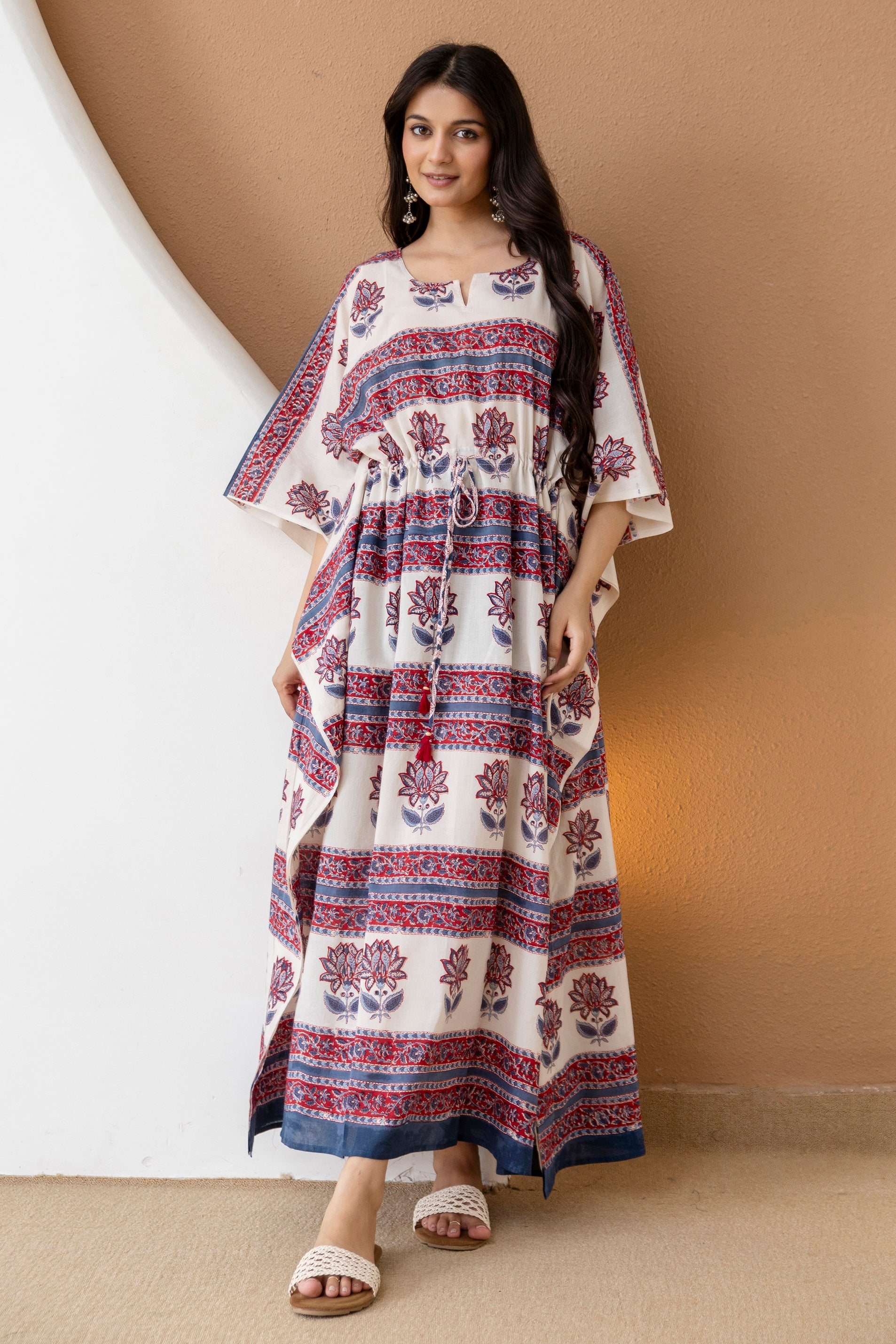 Floral Stripe Hand Block Printed Cotton Kaftan