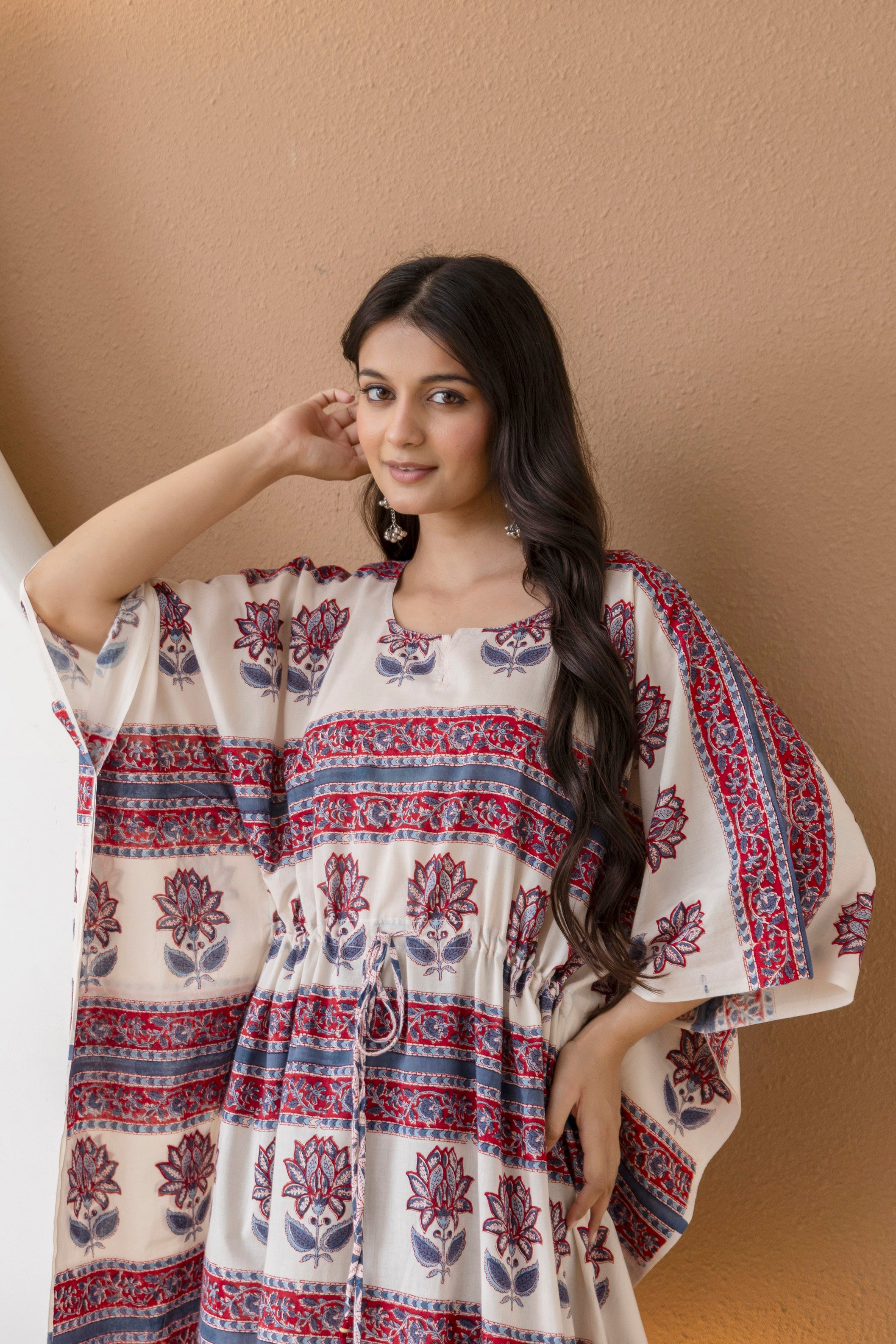 Floral Stripe Hand Block Printed Cotton Kaftan