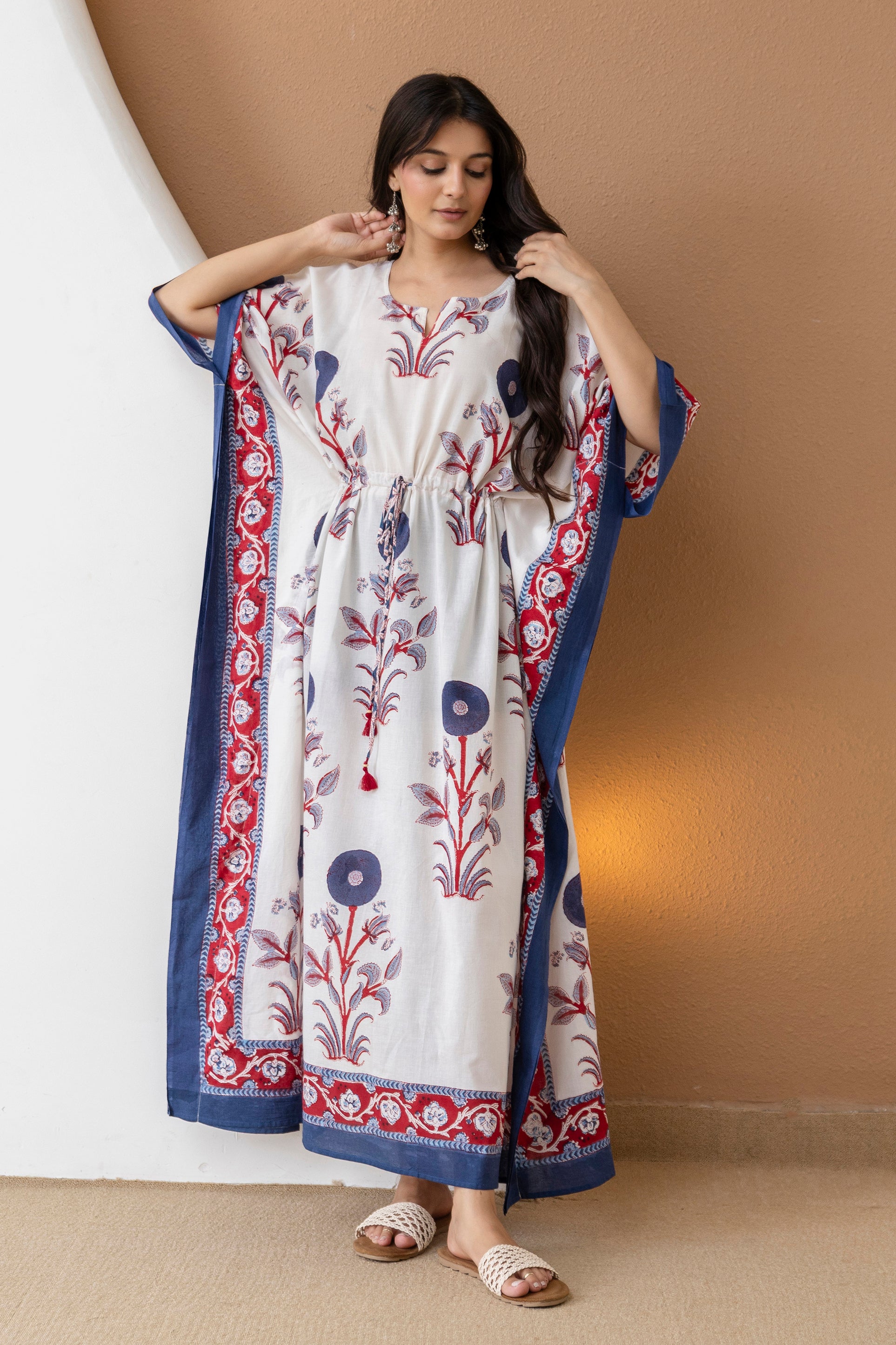 Ivory Bloom Hand Block Printed Cotton Kaftan