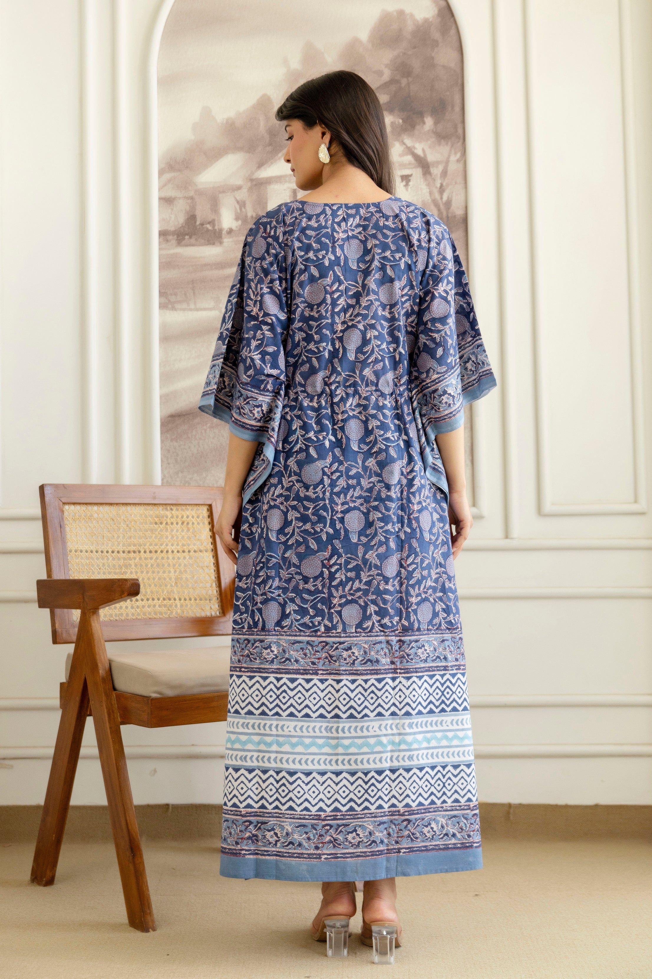 Indigo Jaal Hand Block Printed Cotton Kaftan