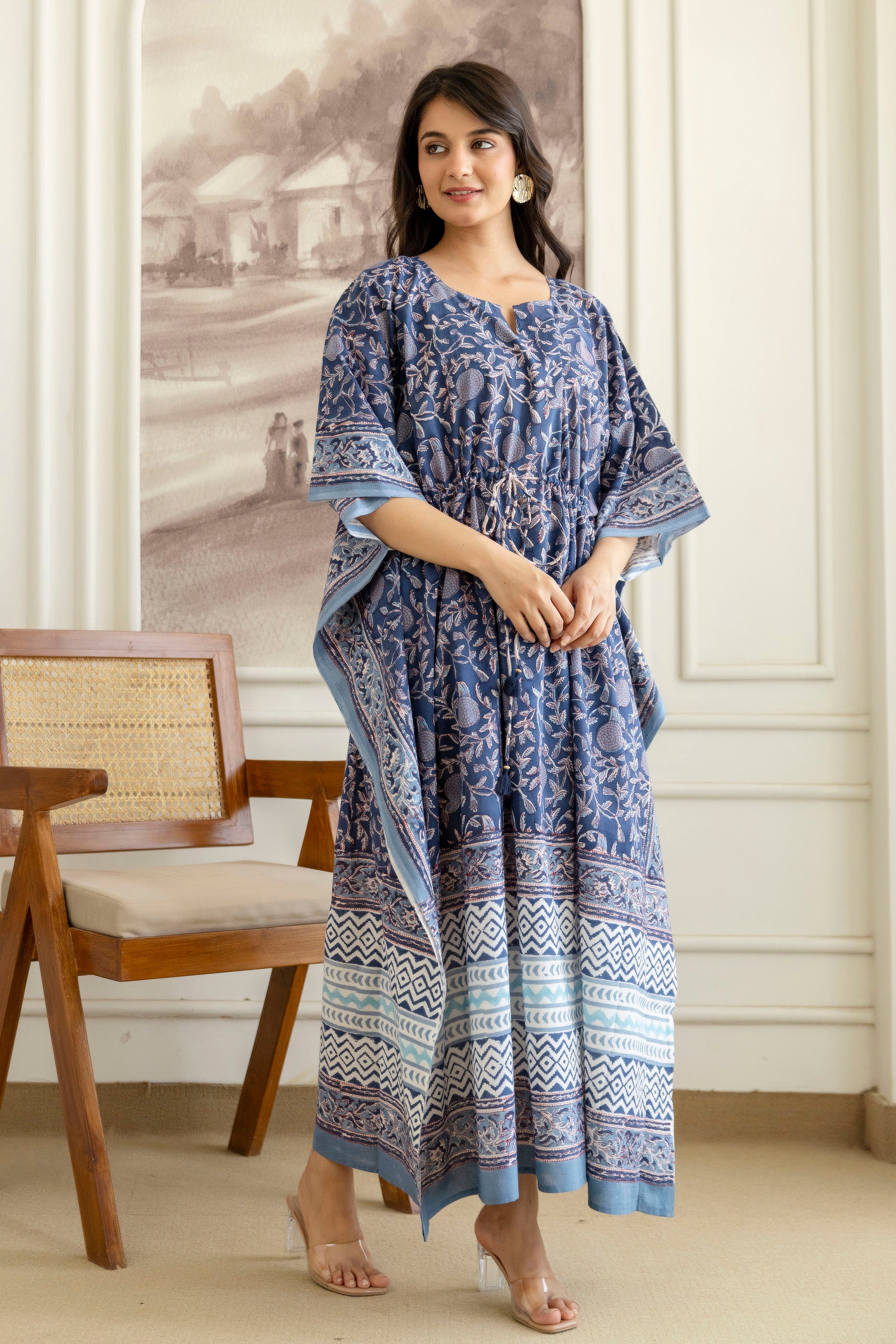 Indigo Jaal Hand Block Printed Cotton Kaftan