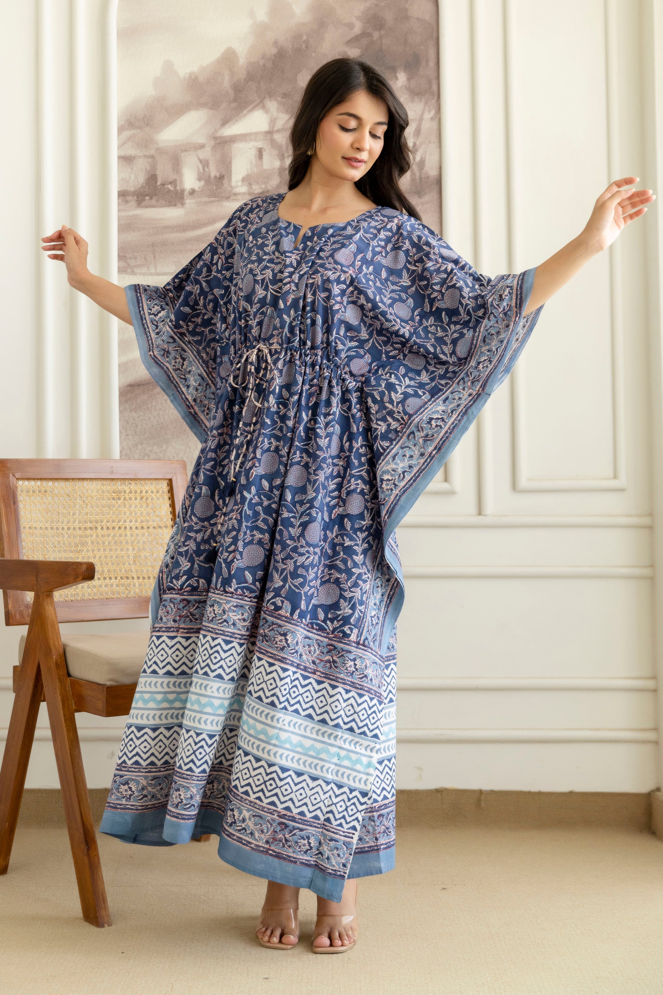 Indigo Jaal Hand Block Printed Cotton Kaftan