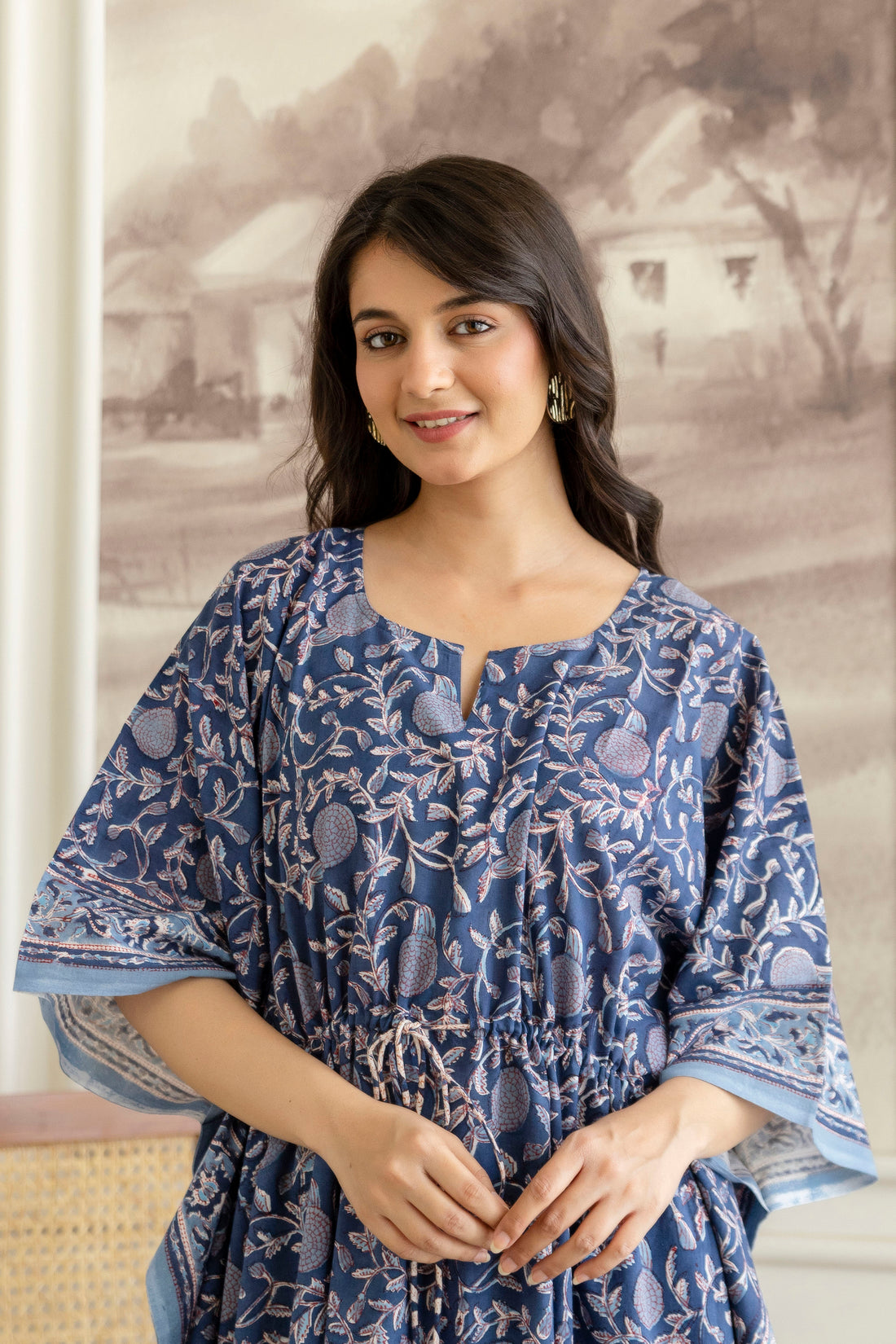 Indigo Jaal Hand Block Printed Cotton Kaftan