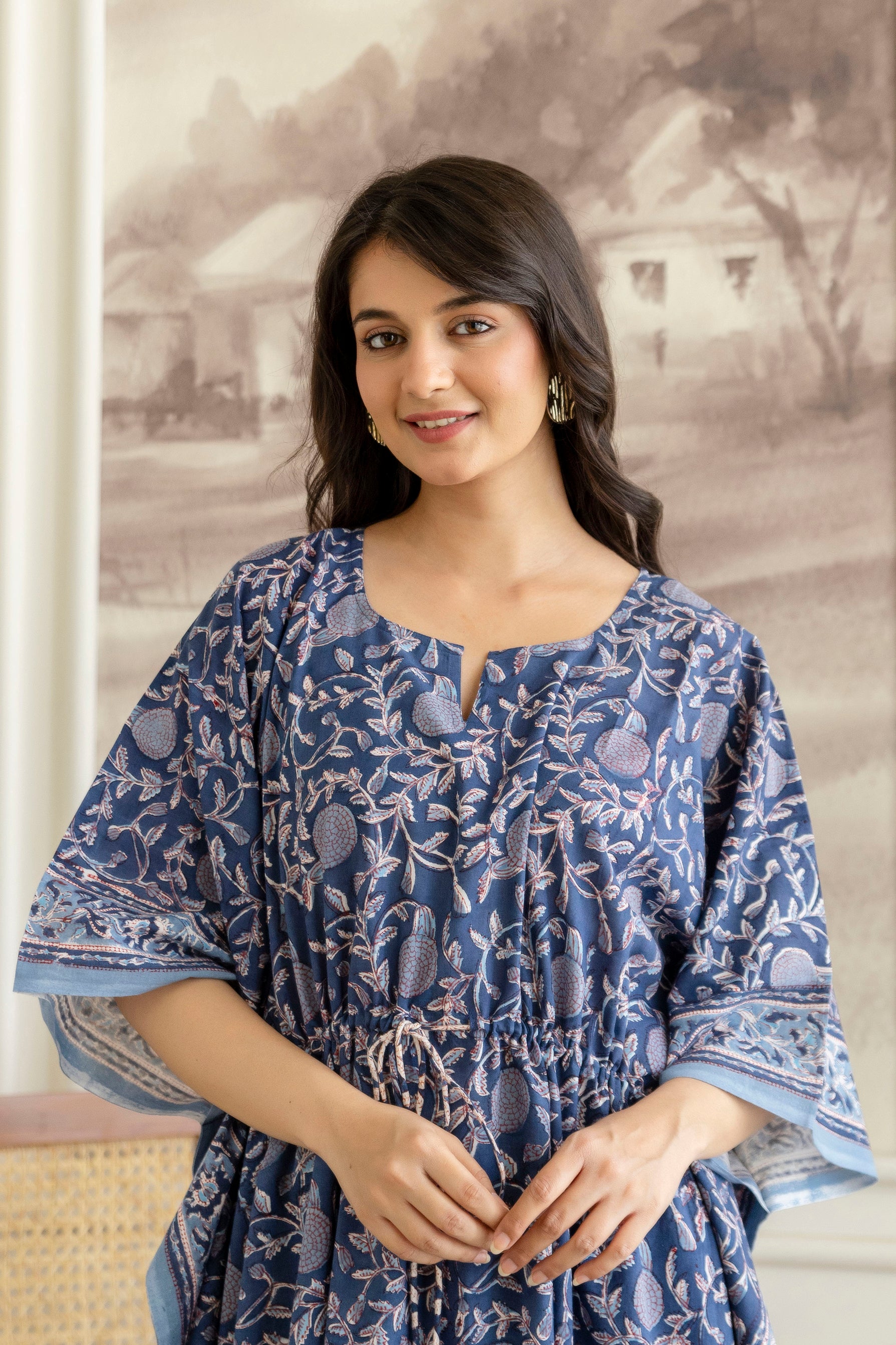 Indigo Jaal Hand Block Printed Cotton Kaftan