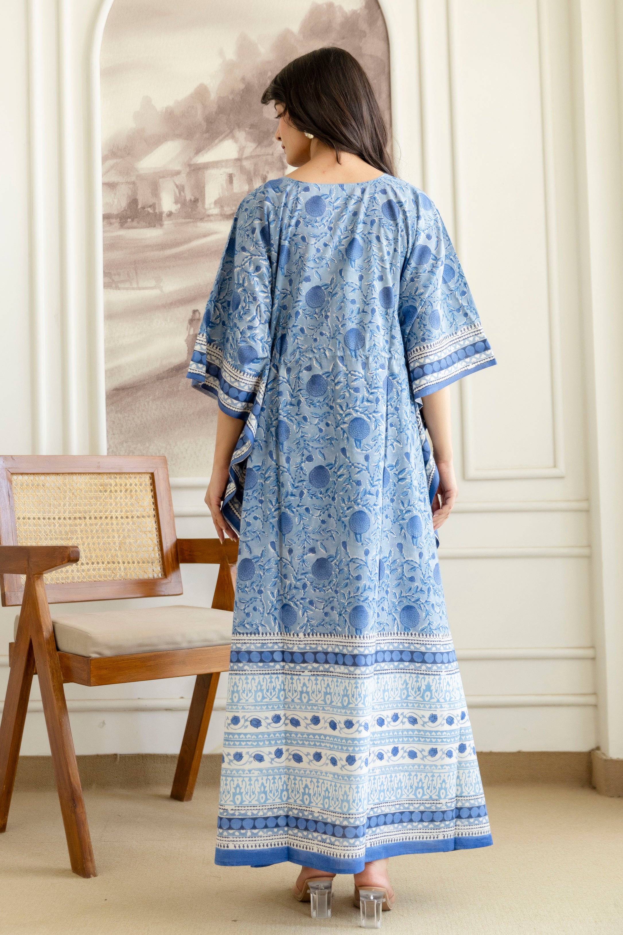 Sky Blue Hand Block Printed Cotton Kaftan