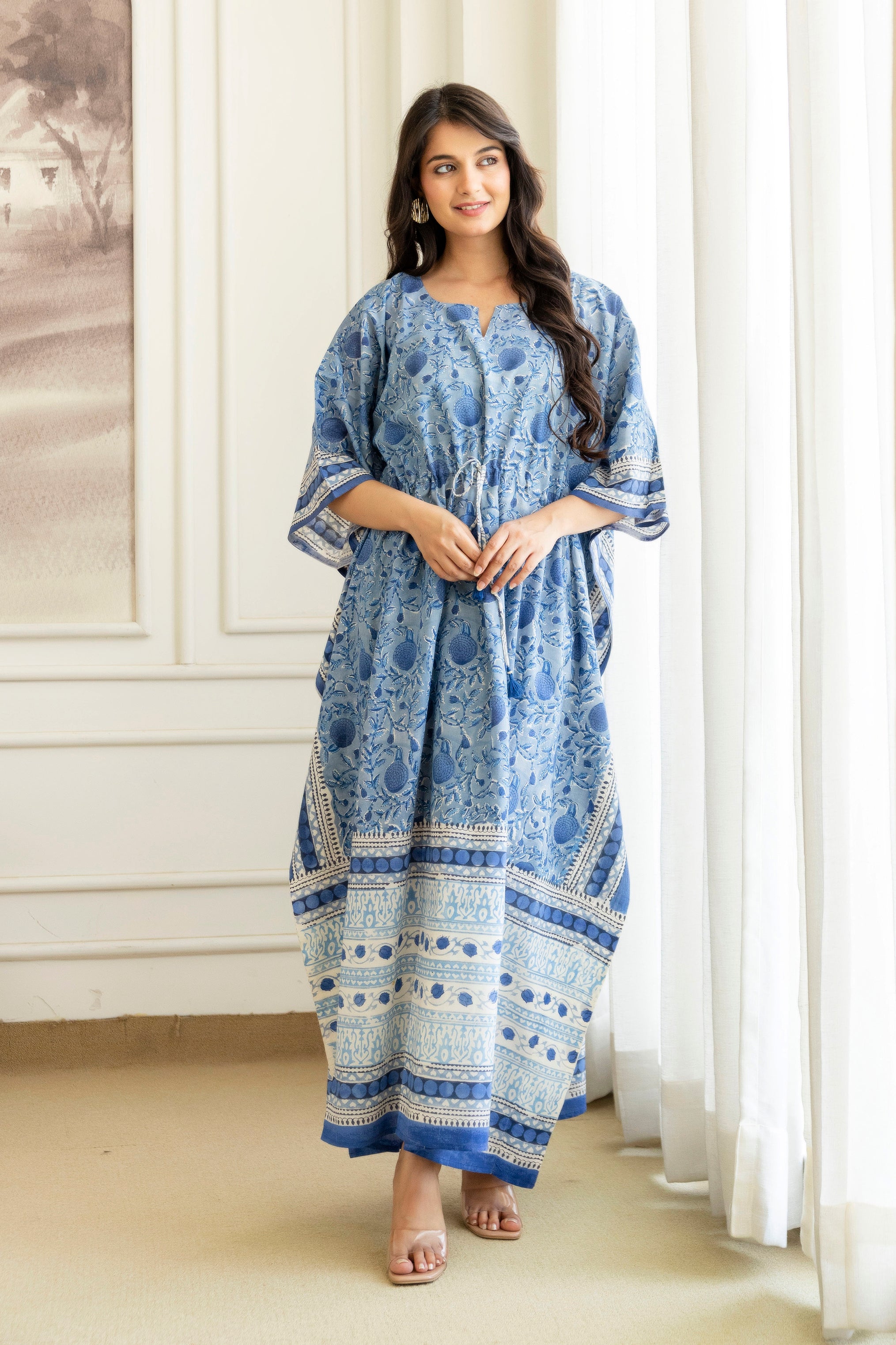 Sky Blue Hand Block Printed Cotton Kaftan