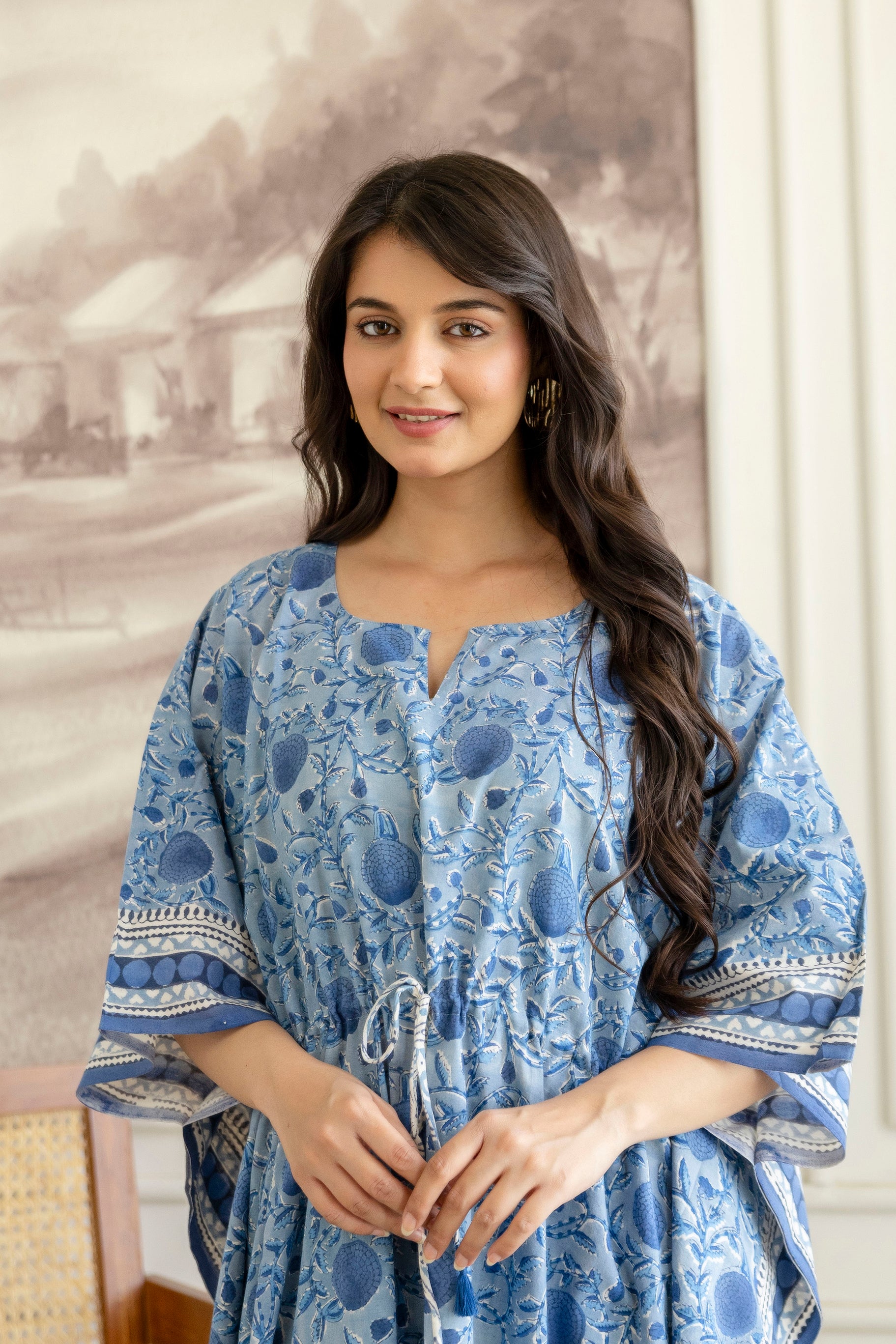 Sky Blue Hand Block Printed Cotton Kaftan
