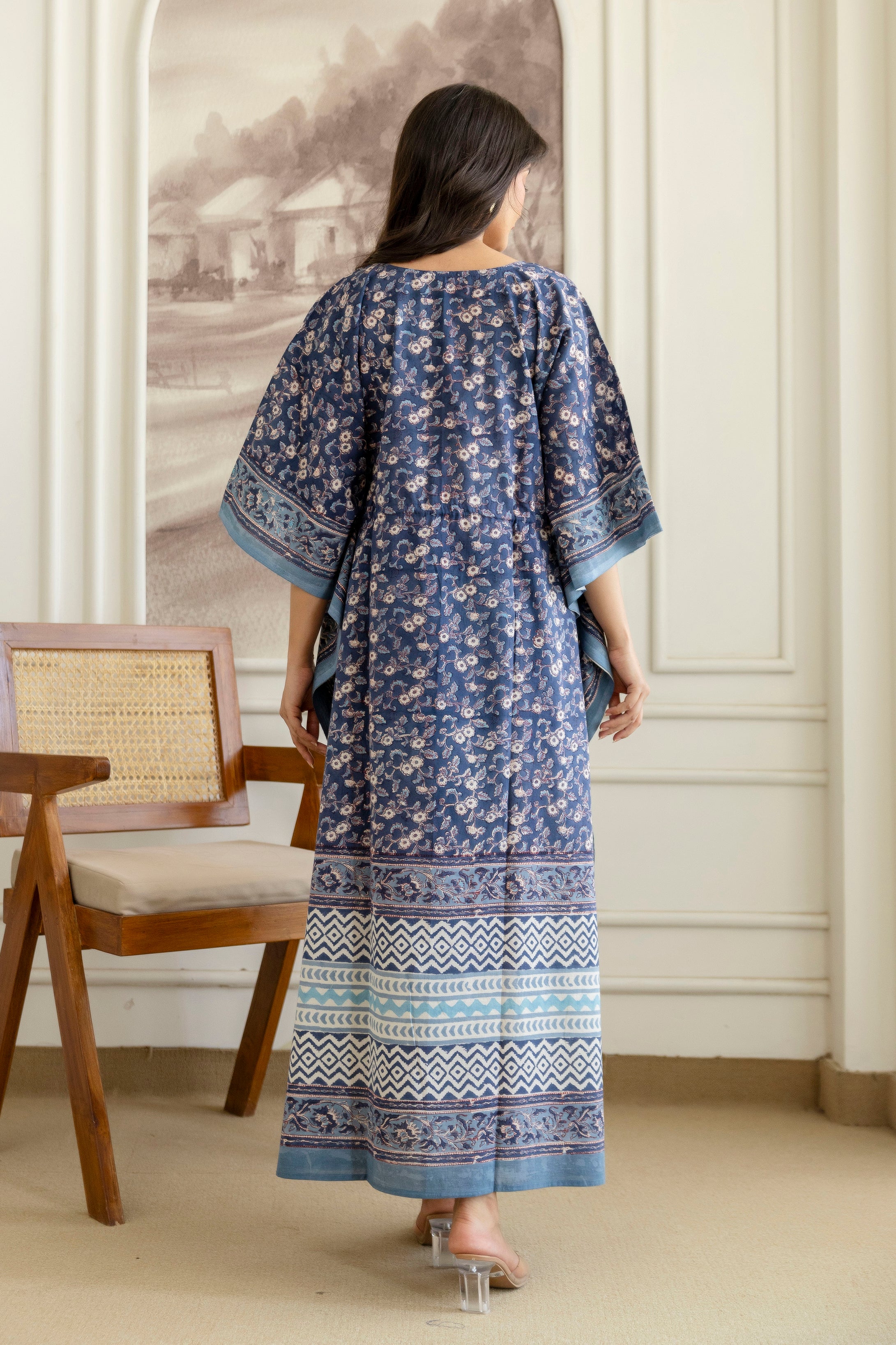 Indigo Floral Hand Block Printed Cotton Kaftan