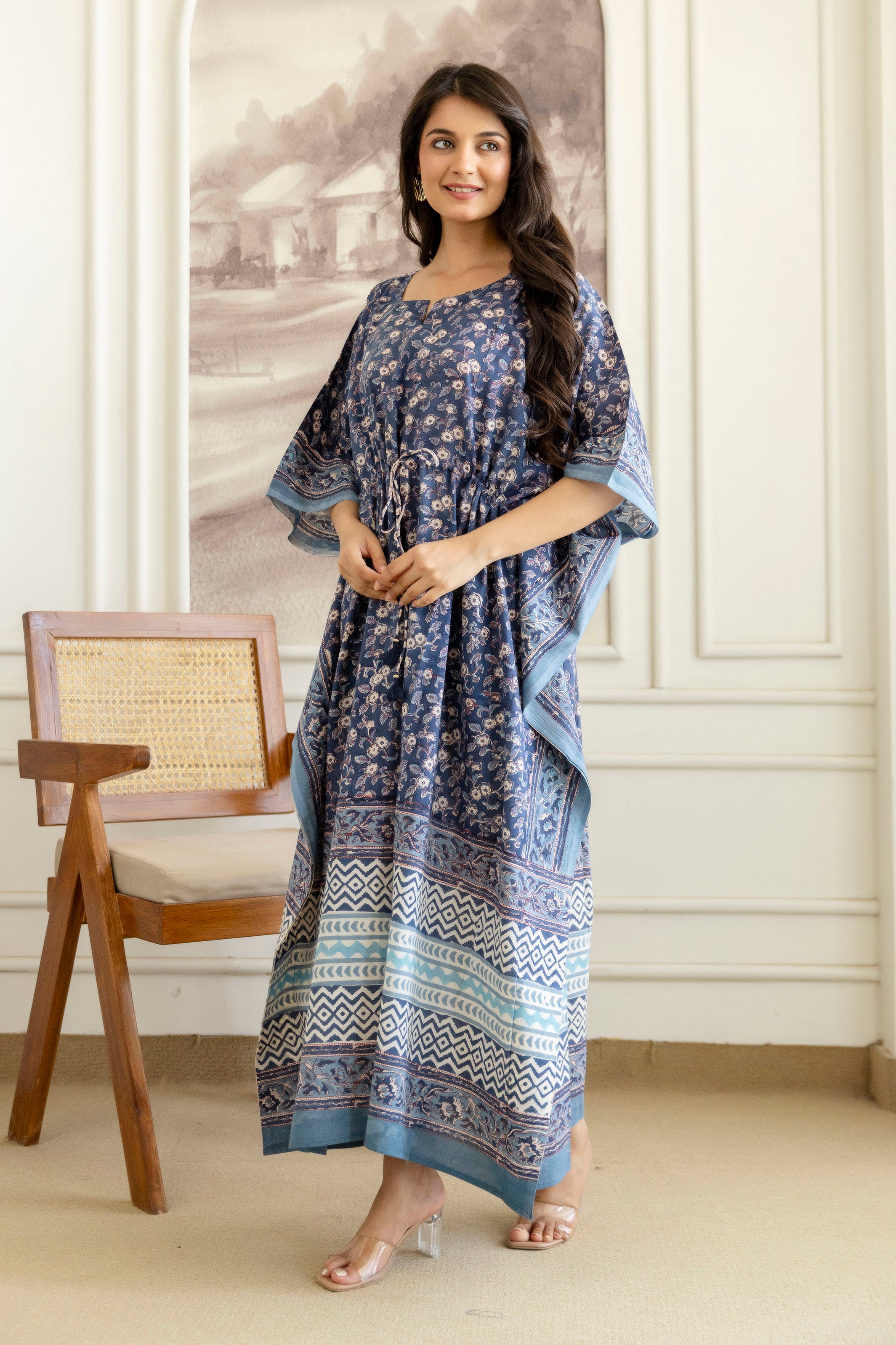 Indigo Floral Hand Block Printed Cotton Kaftan