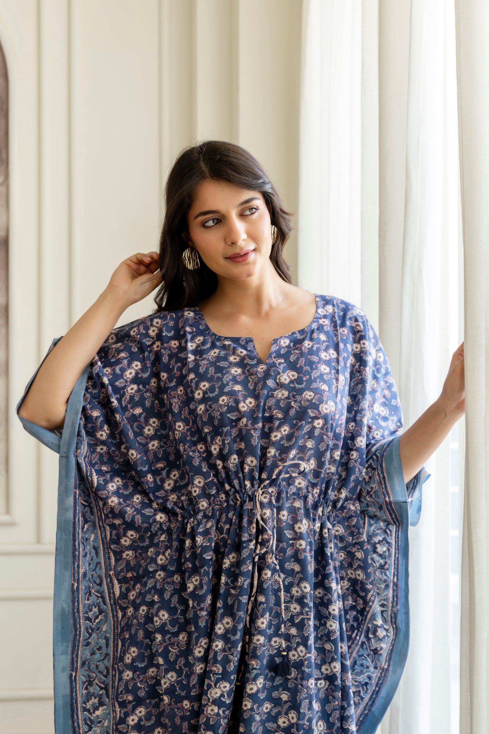 Indigo Floral Hand Block Printed Cotton Kaftan