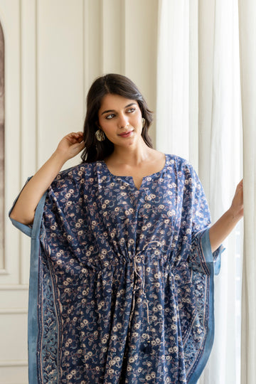 Indigo Floral Hand Block Printed Cotton Kaftan