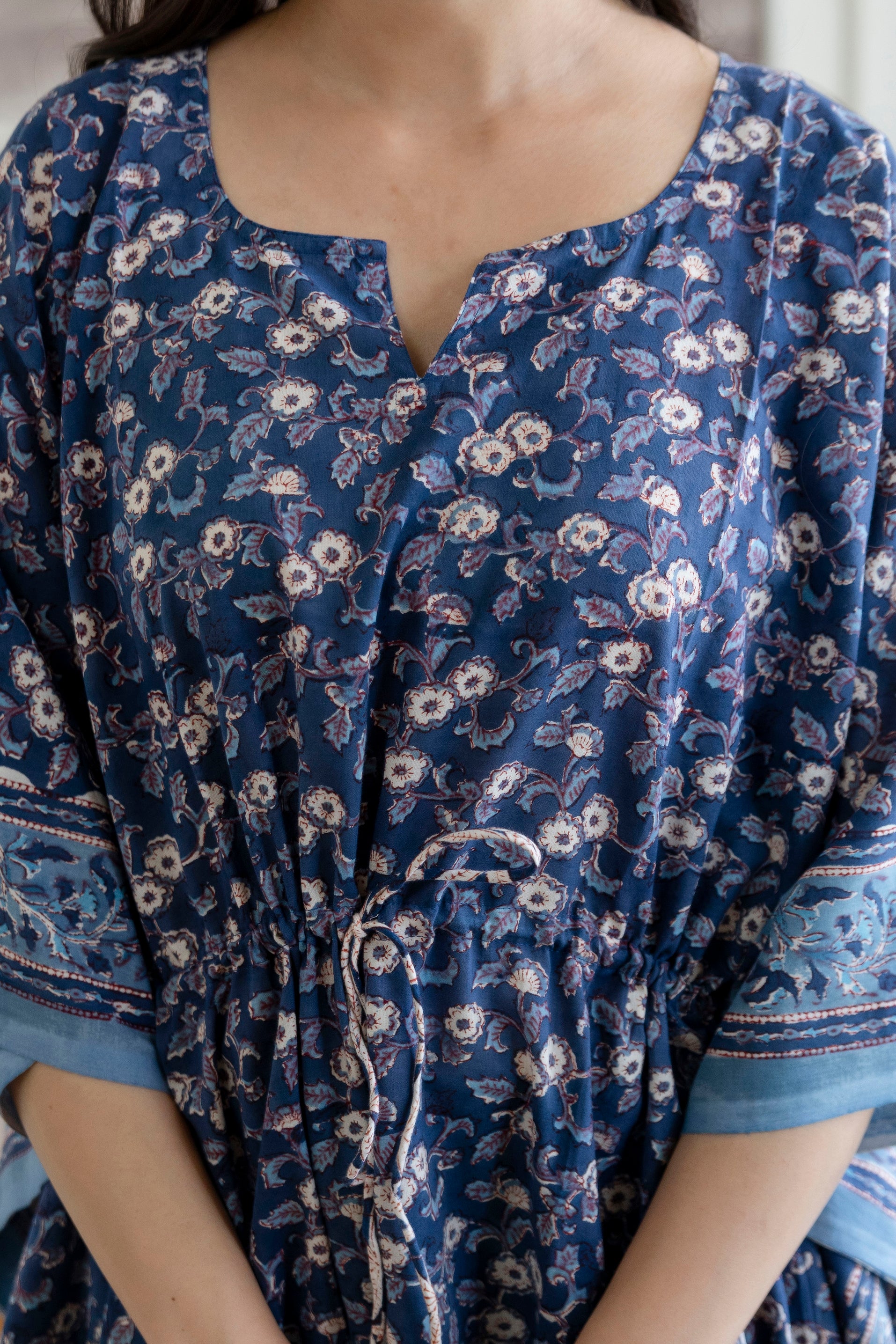 Indigo Floral Hand Block Printed Cotton Kaftan