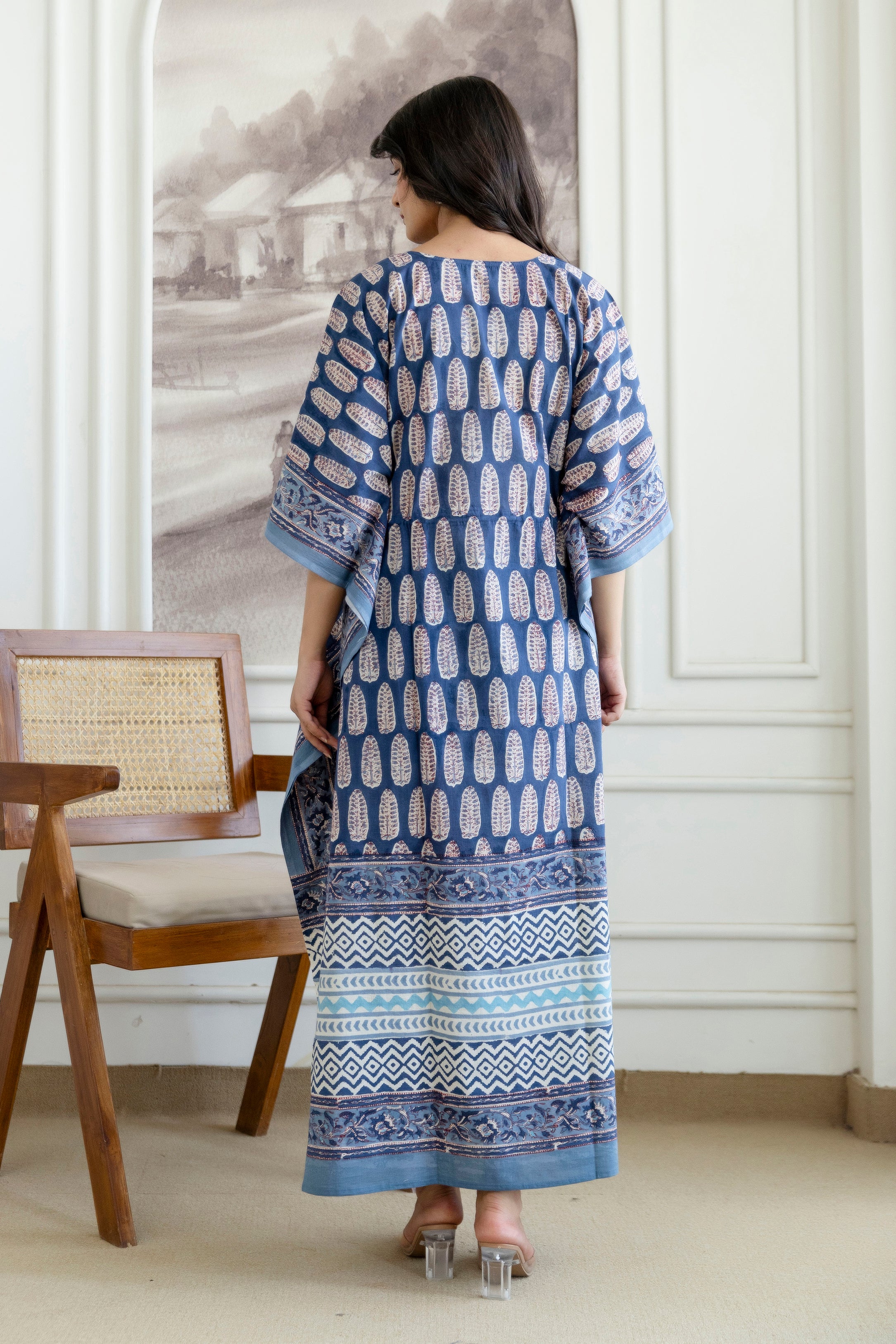 Indigo Leaf Hand Block Printed Cotton Kaftan