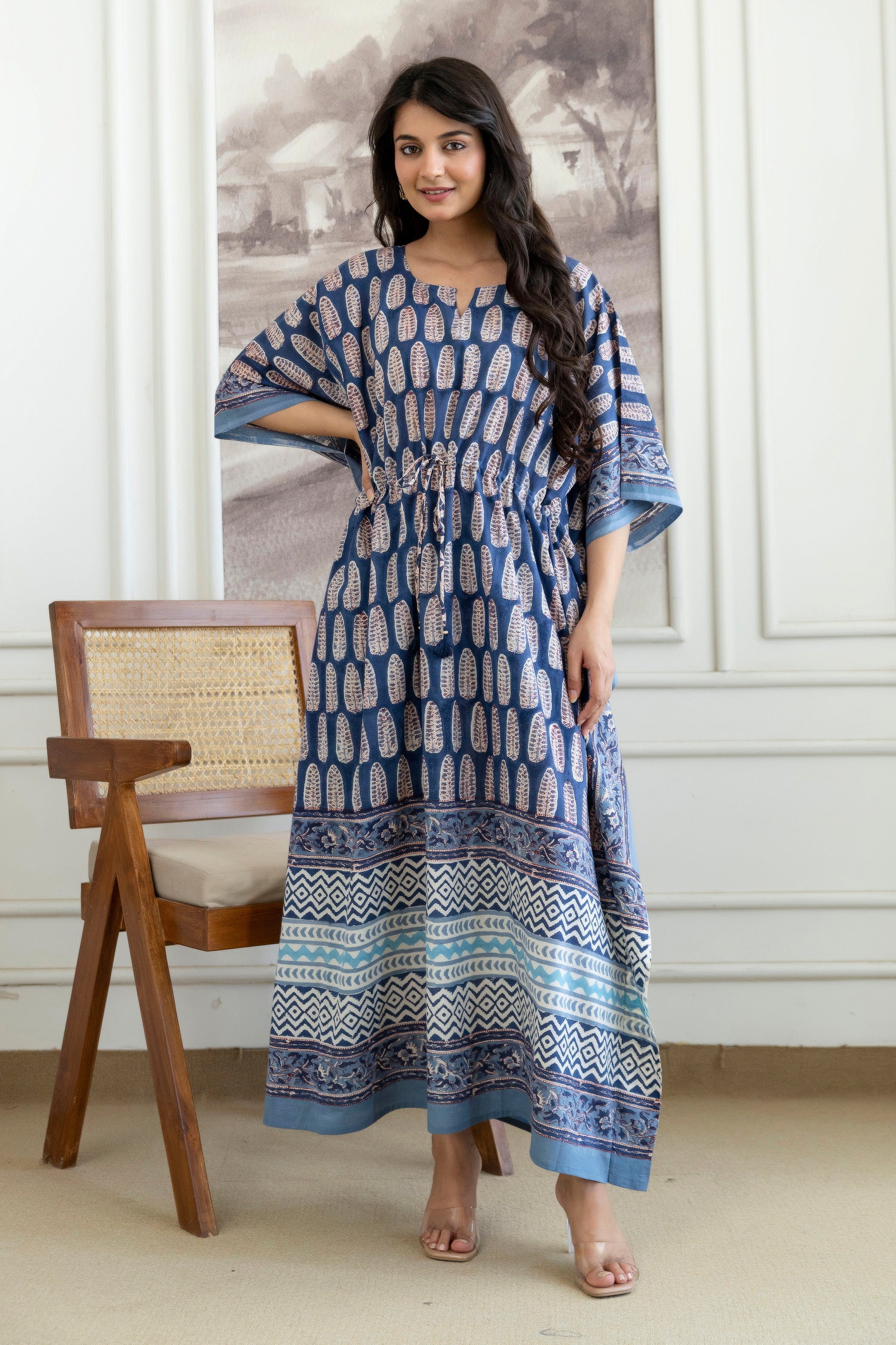 Indigo Leaf Hand Block Printed Cotton Kaftan