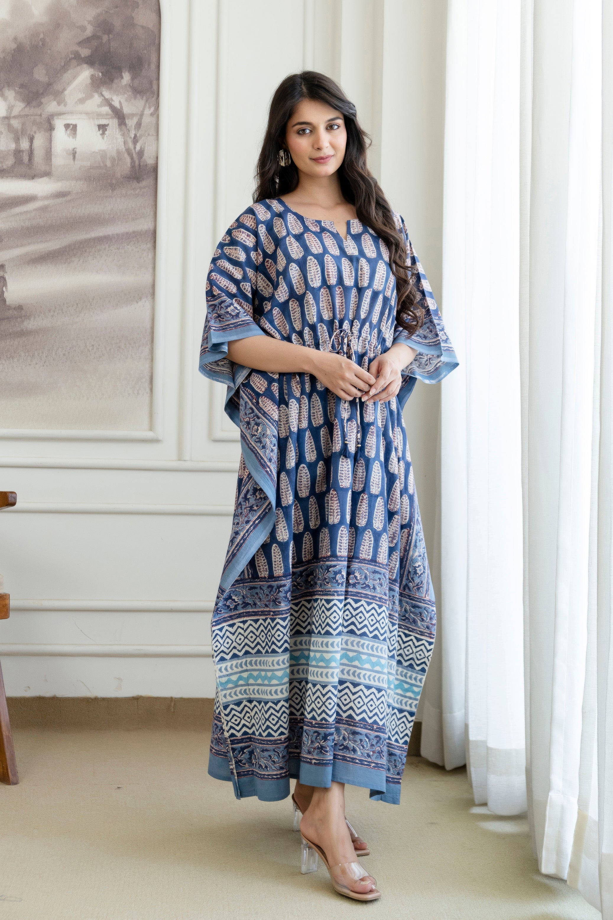 Indigo Leaf Hand Block Printed Cotton Kaftan