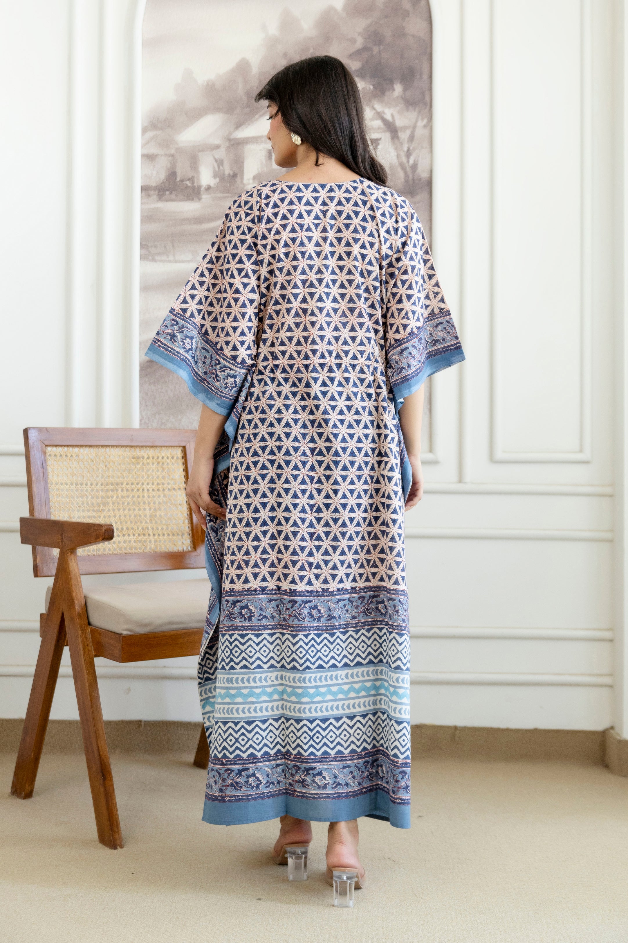 Indigo Geometric Hand Block Printed Cotton Kaftan