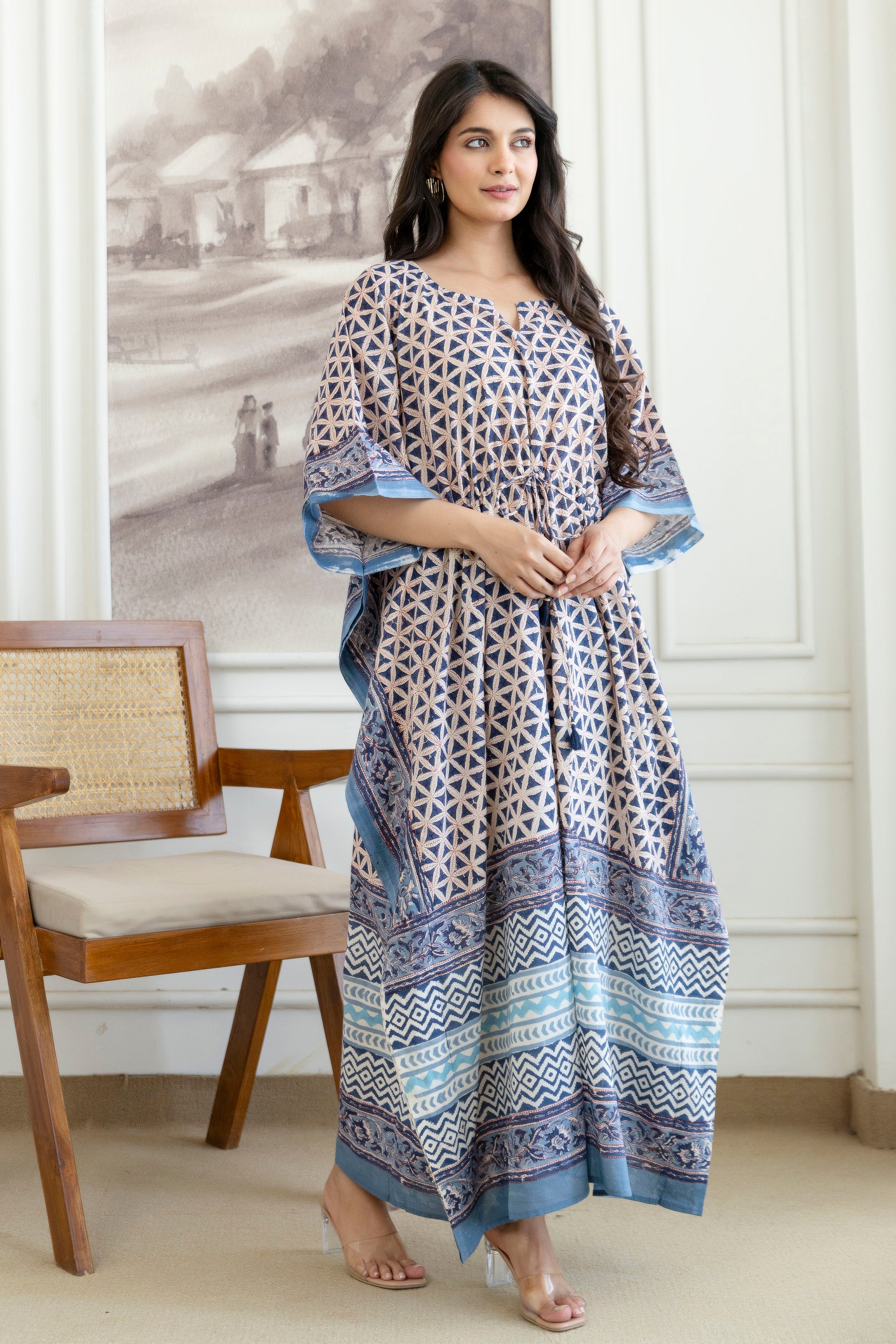 Indigo Geometric Hand Block Printed Cotton Kaftan