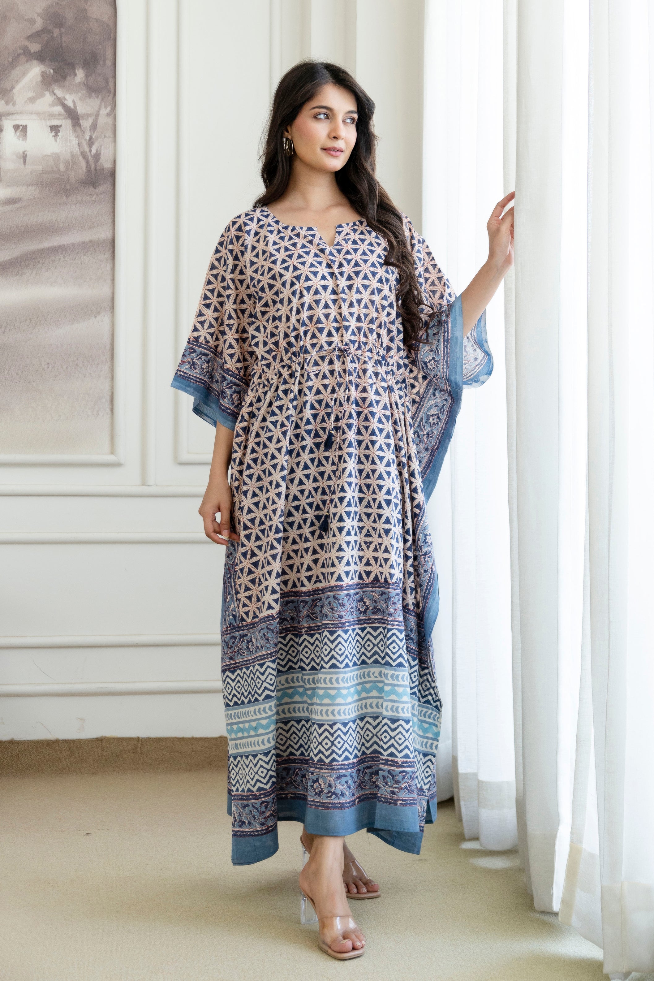 Indigo Geometric Hand Block Printed Cotton Kaftan