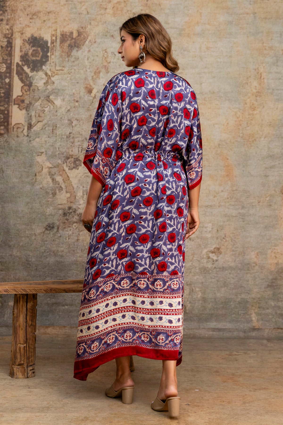 Crimson Vine Hand Block Printed Modal Kaftan