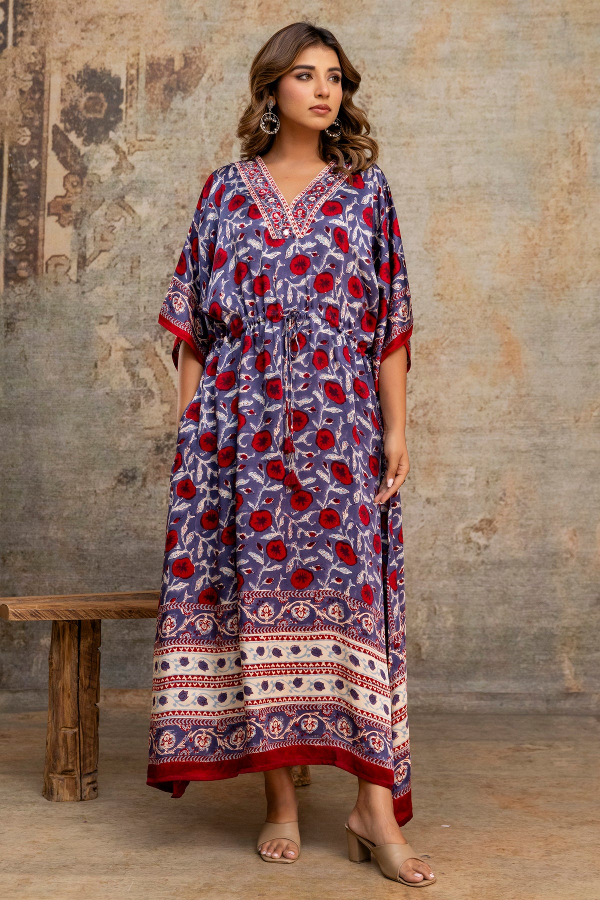 Crimson Vine Hand Block Printed Modal Kaftan