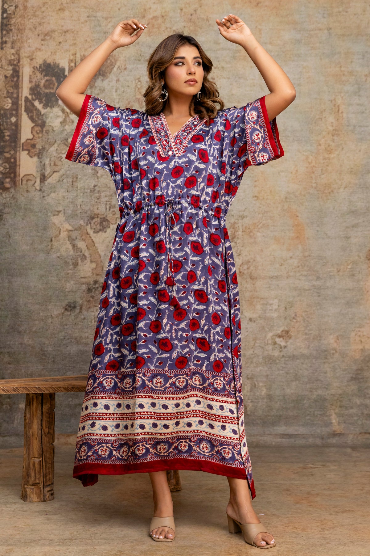 Crimson Vine Hand Block Printed Modal Kaftan