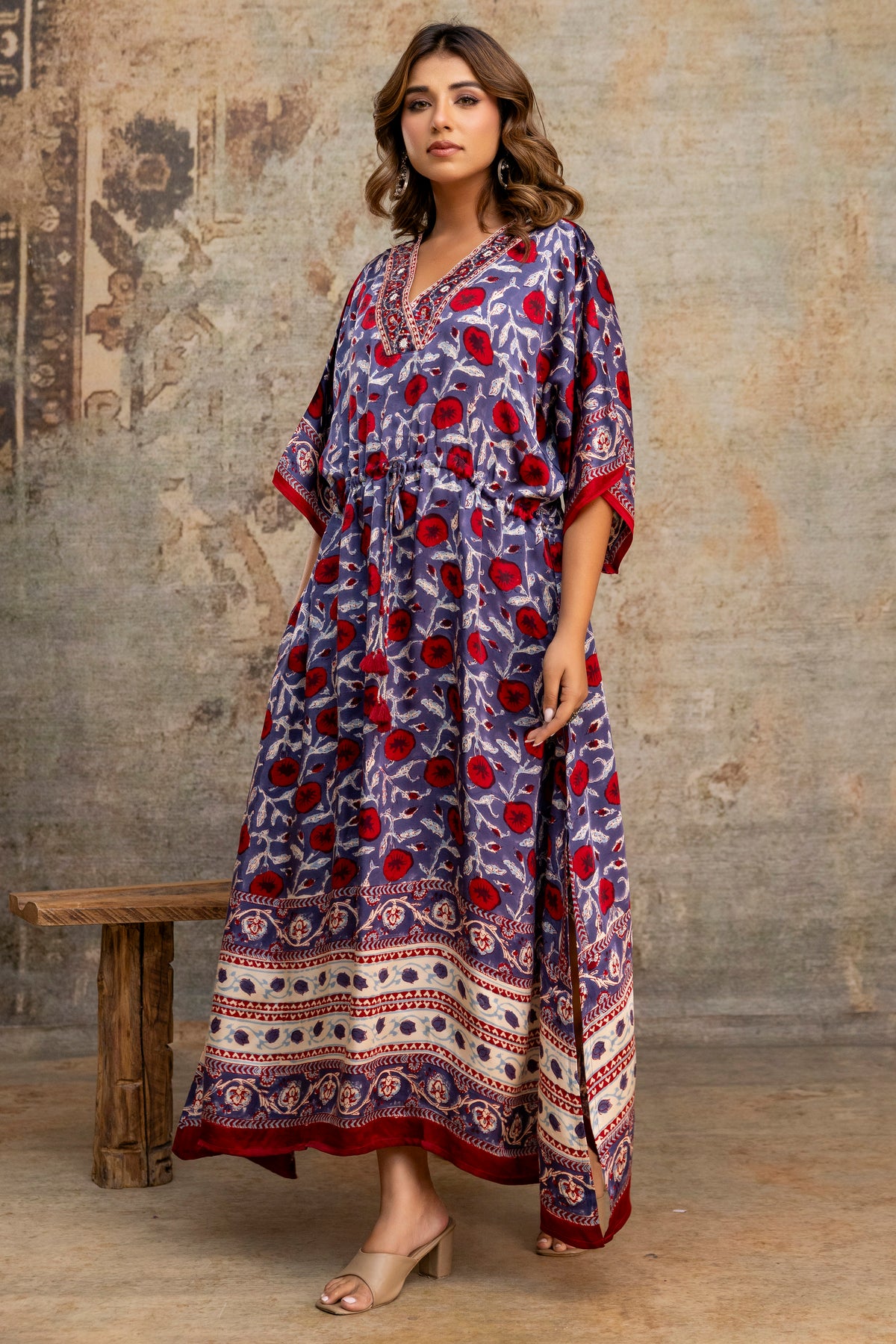 Crimson Vine Hand Block Printed Modal Kaftan