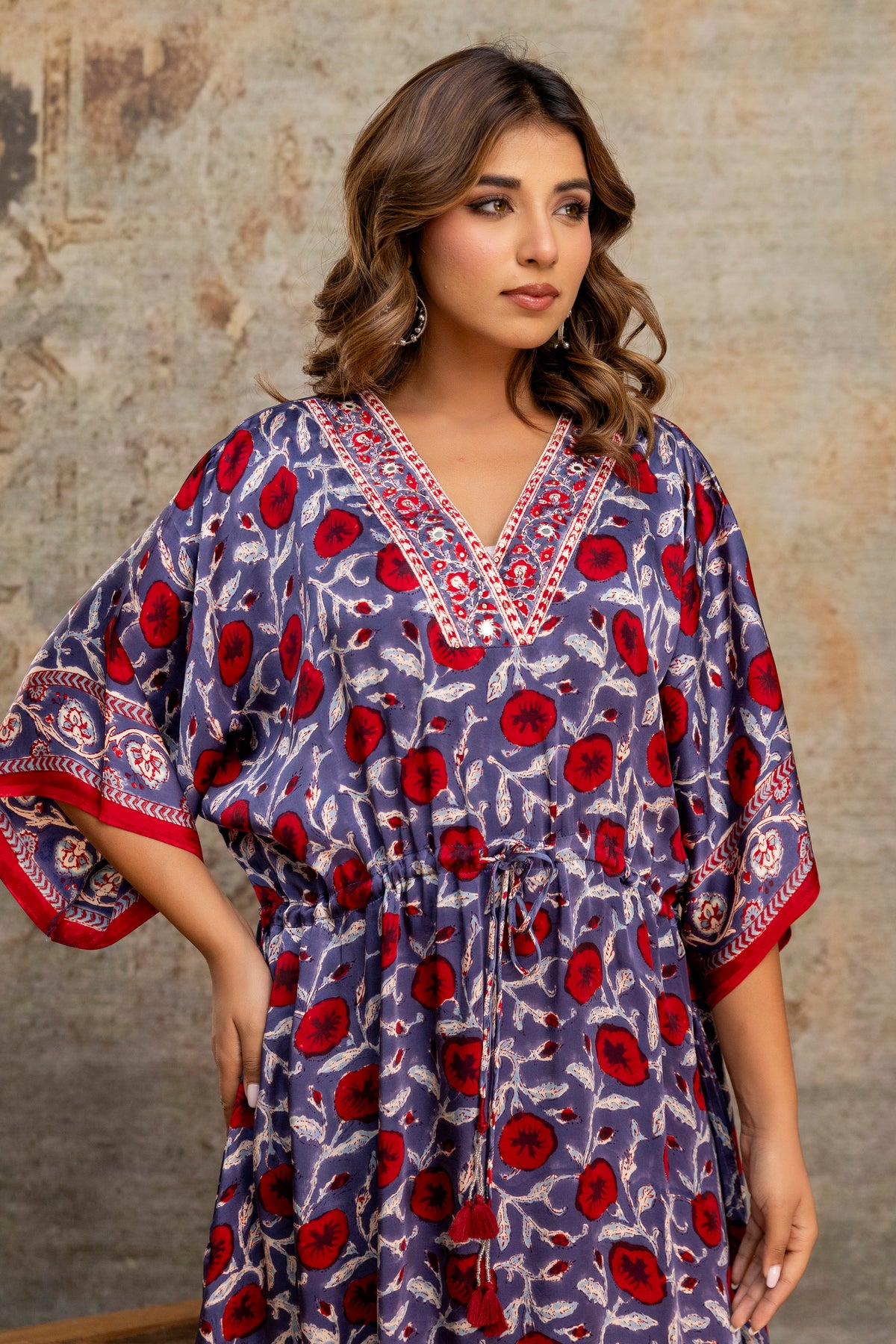 Crimson Vine Hand Block Printed Modal Kaftan