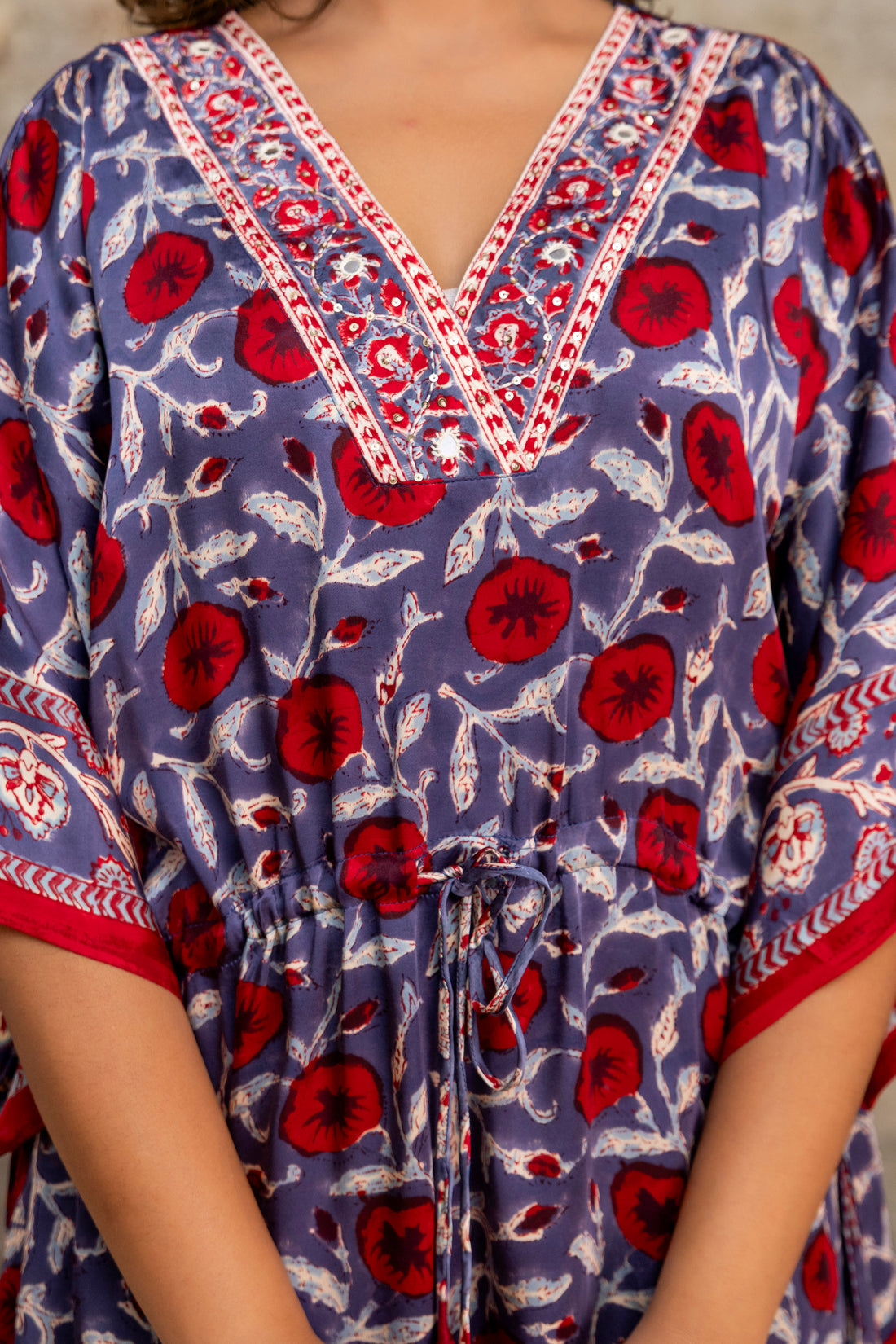 Crimson Vine Hand Block Printed Modal Kaftan