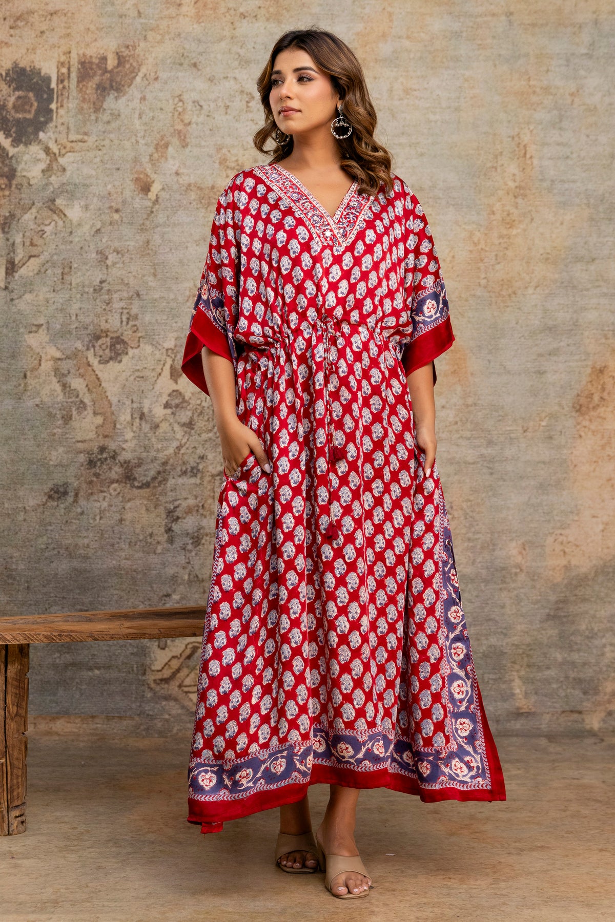 Crimson Buti Hand Block Printed Modal Kaftan