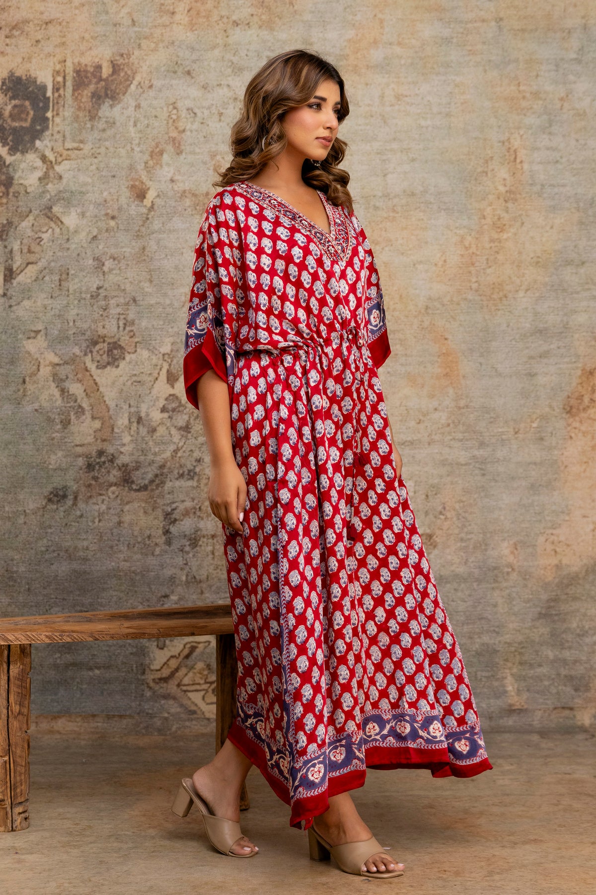 Crimson Buti Hand Block Printed Modal Kaftan