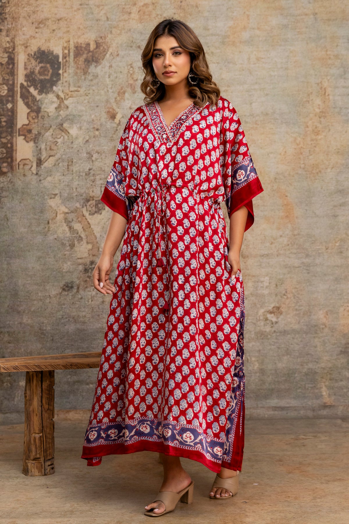 Crimson Buti Hand Block Printed Modal Kaftan