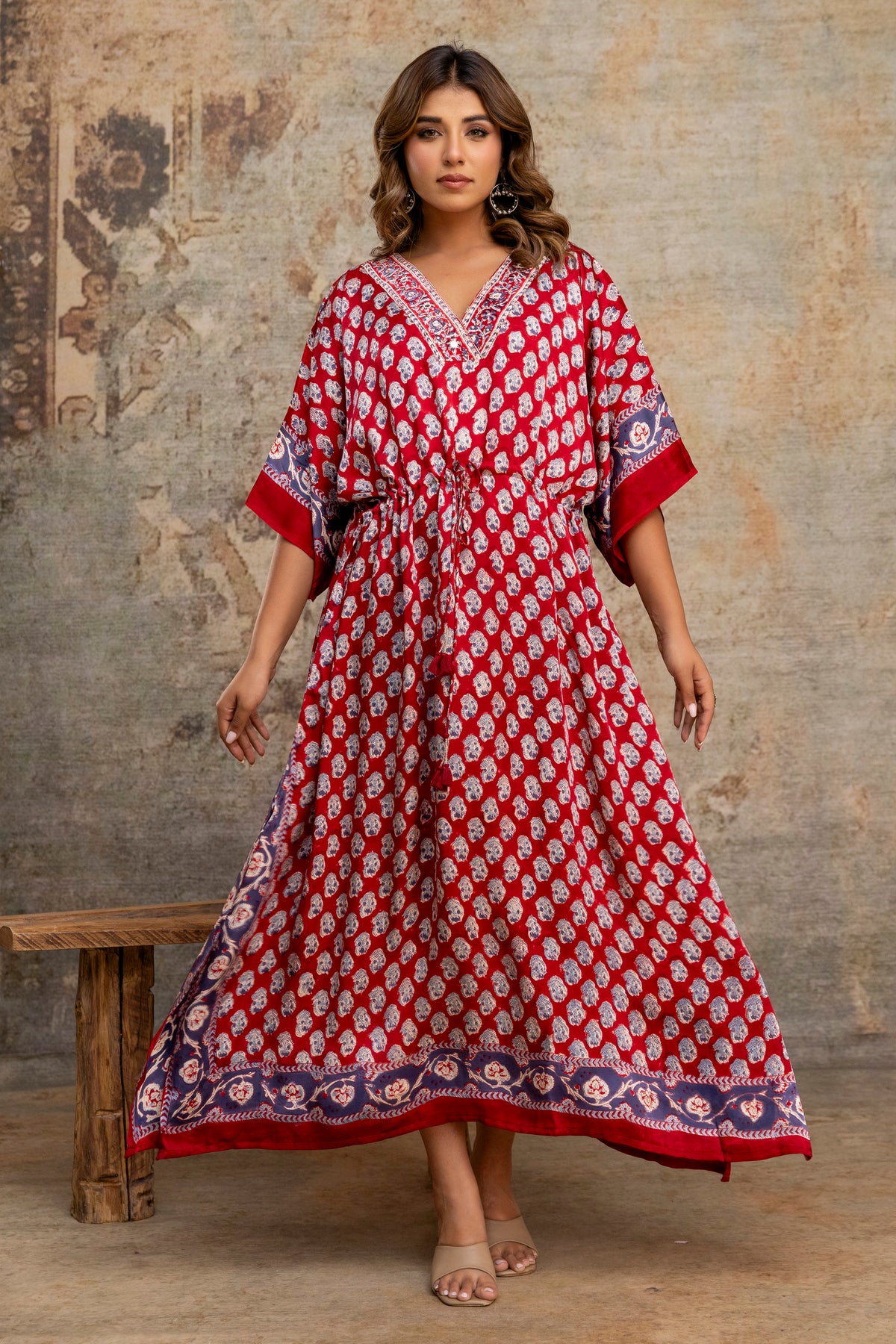 Crimson Buti Hand Block Printed Modal Kaftan