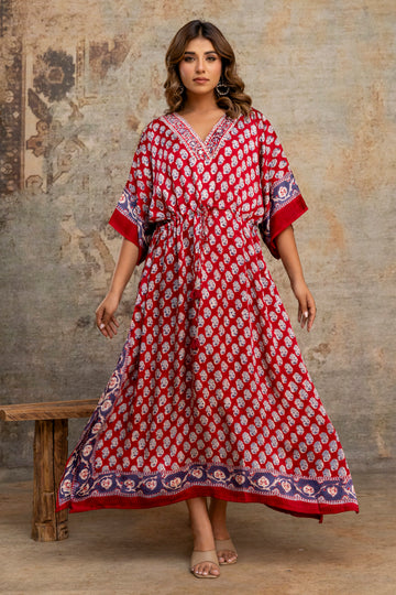 Crimson Buti Hand Block Printed Modal Kaftan
