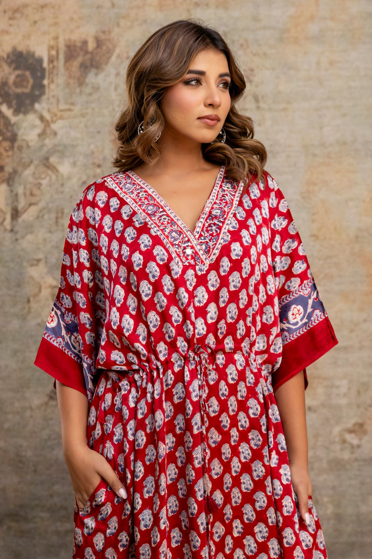 Crimson Buti Hand Block Printed Modal Kaftan