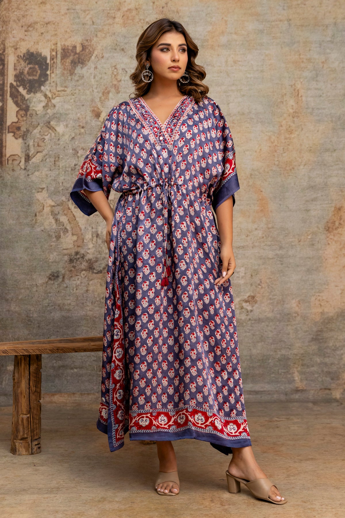 Slate Buti Hand Block Printed Modal Kaftan