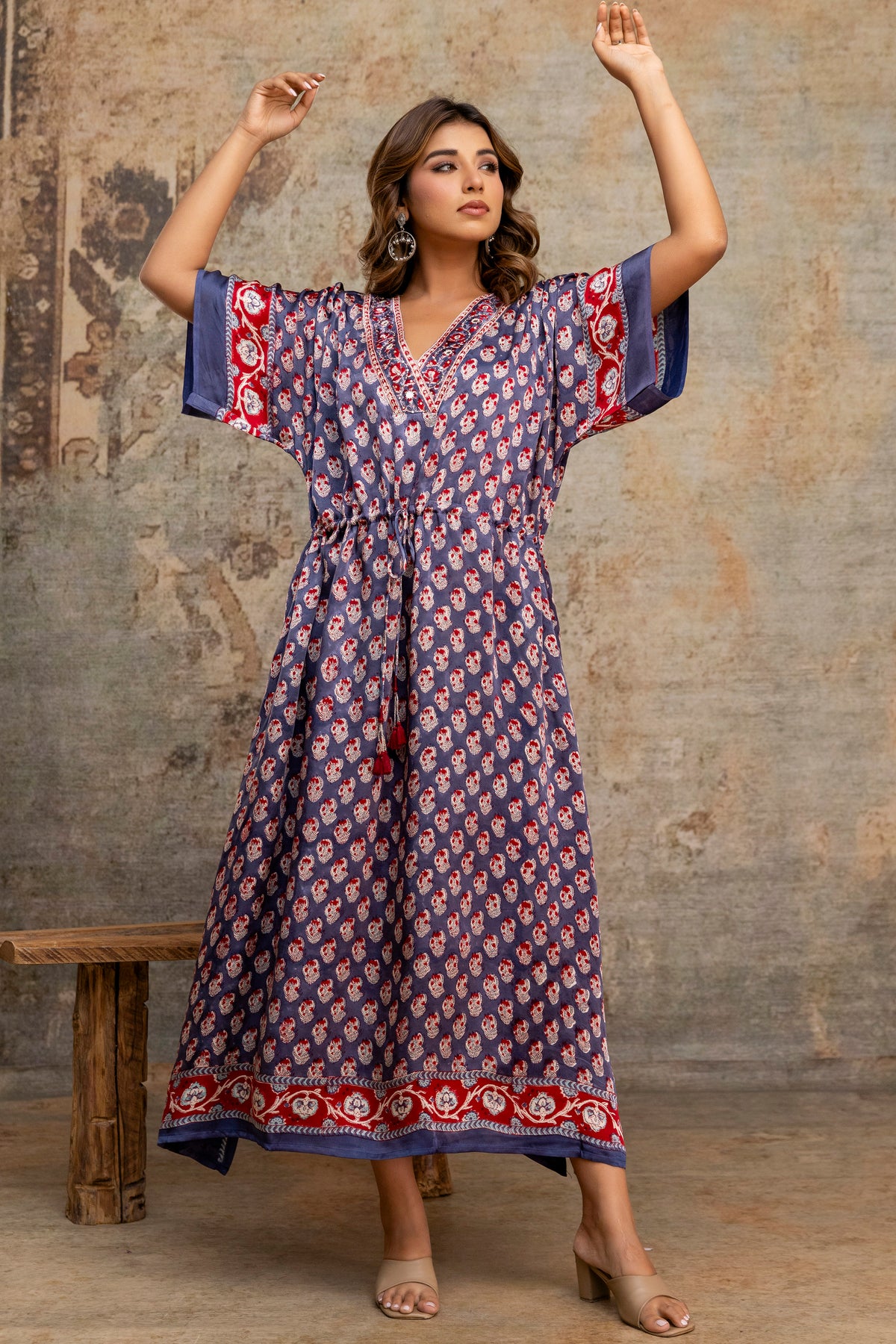 Slate Buti Hand Block Printed Modal Kaftan