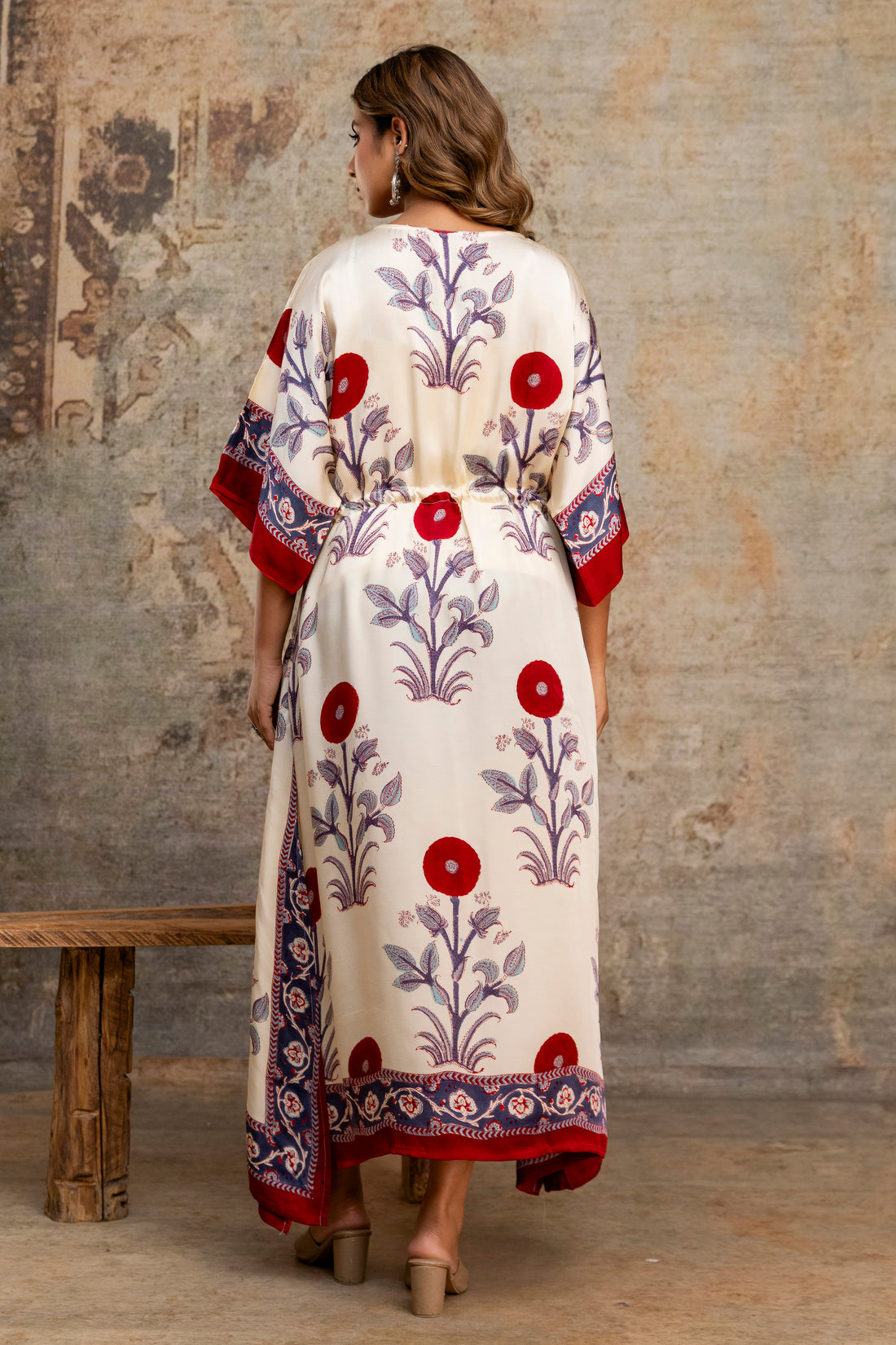 Ivory Poppy Hand Block Printed Modal Kaftan