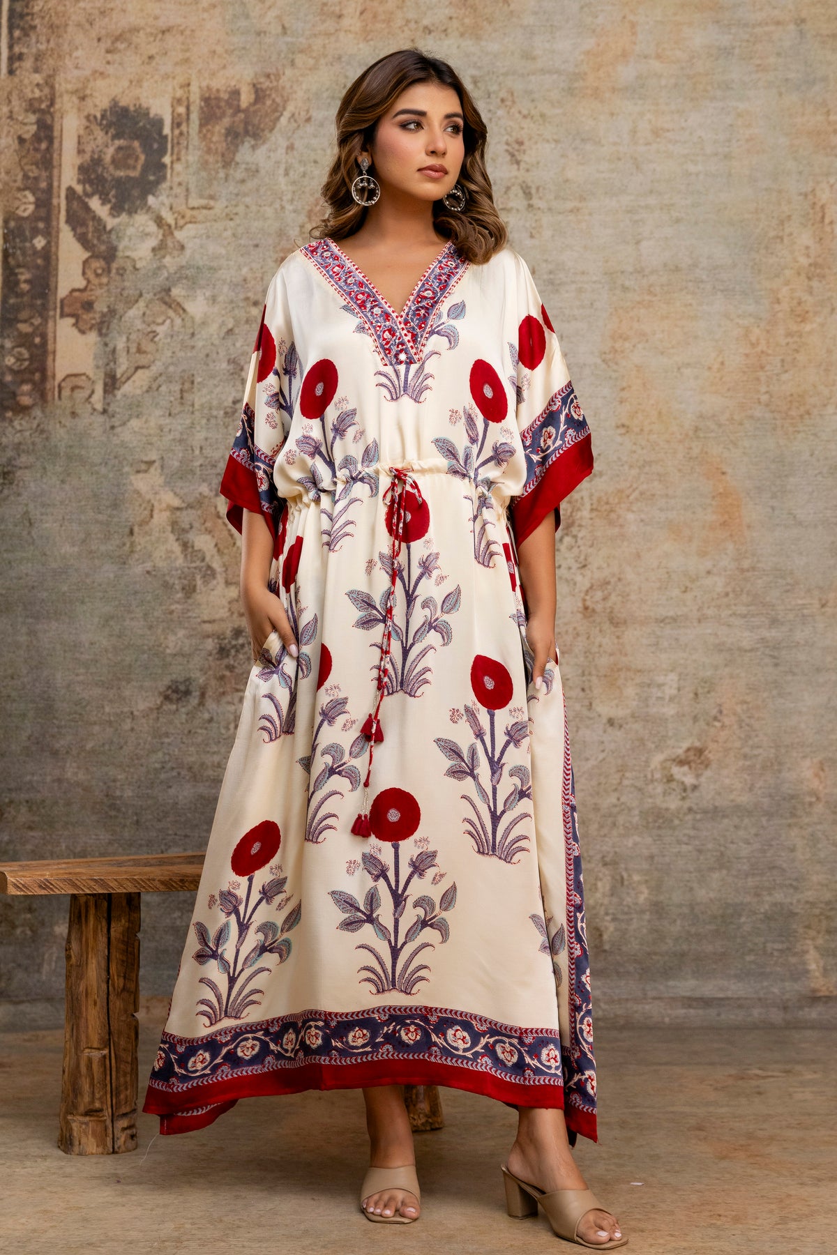Ivory Poppy Hand Block Printed Modal Kaftan