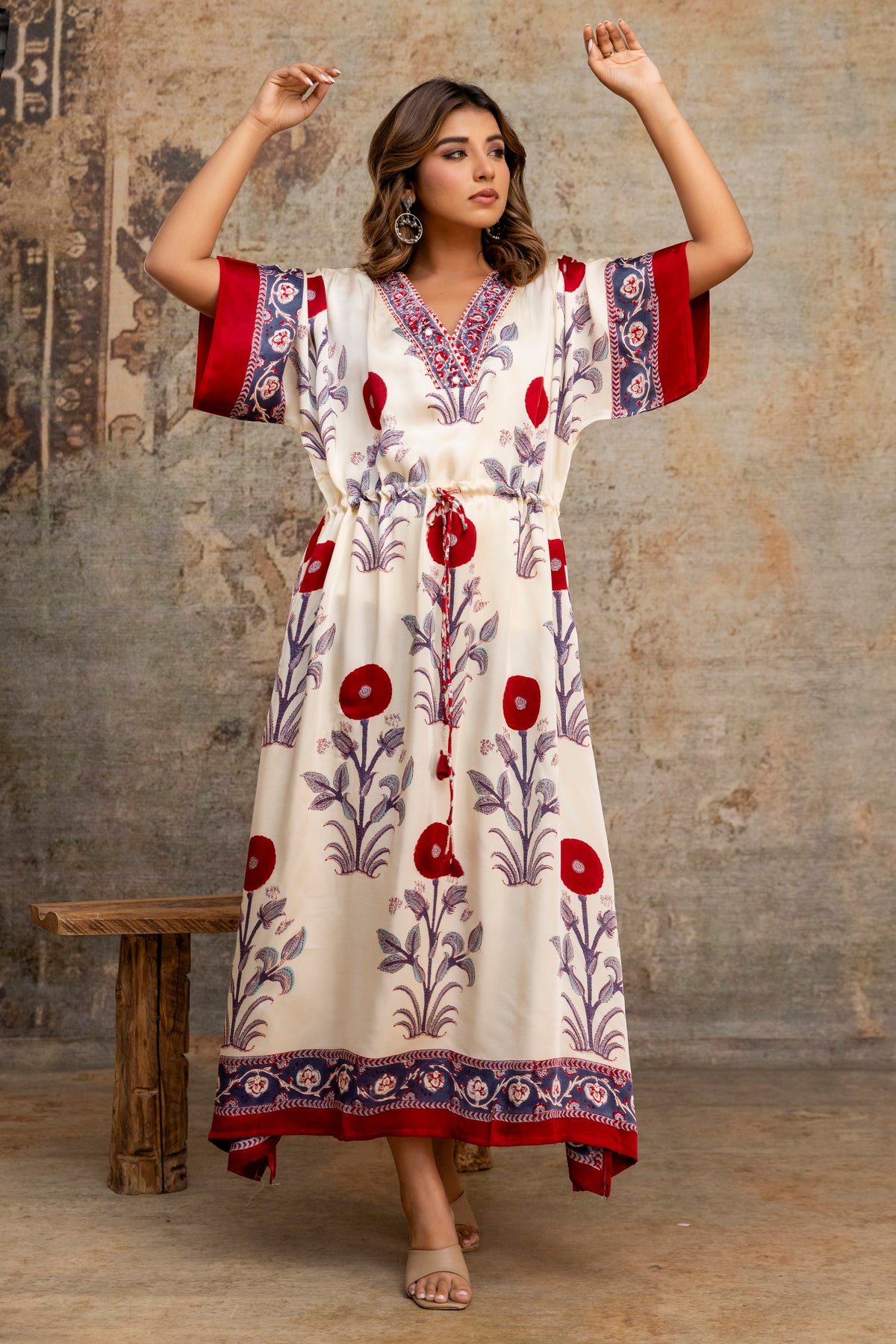 Ivory Poppy Hand Block Printed Modal Kaftan