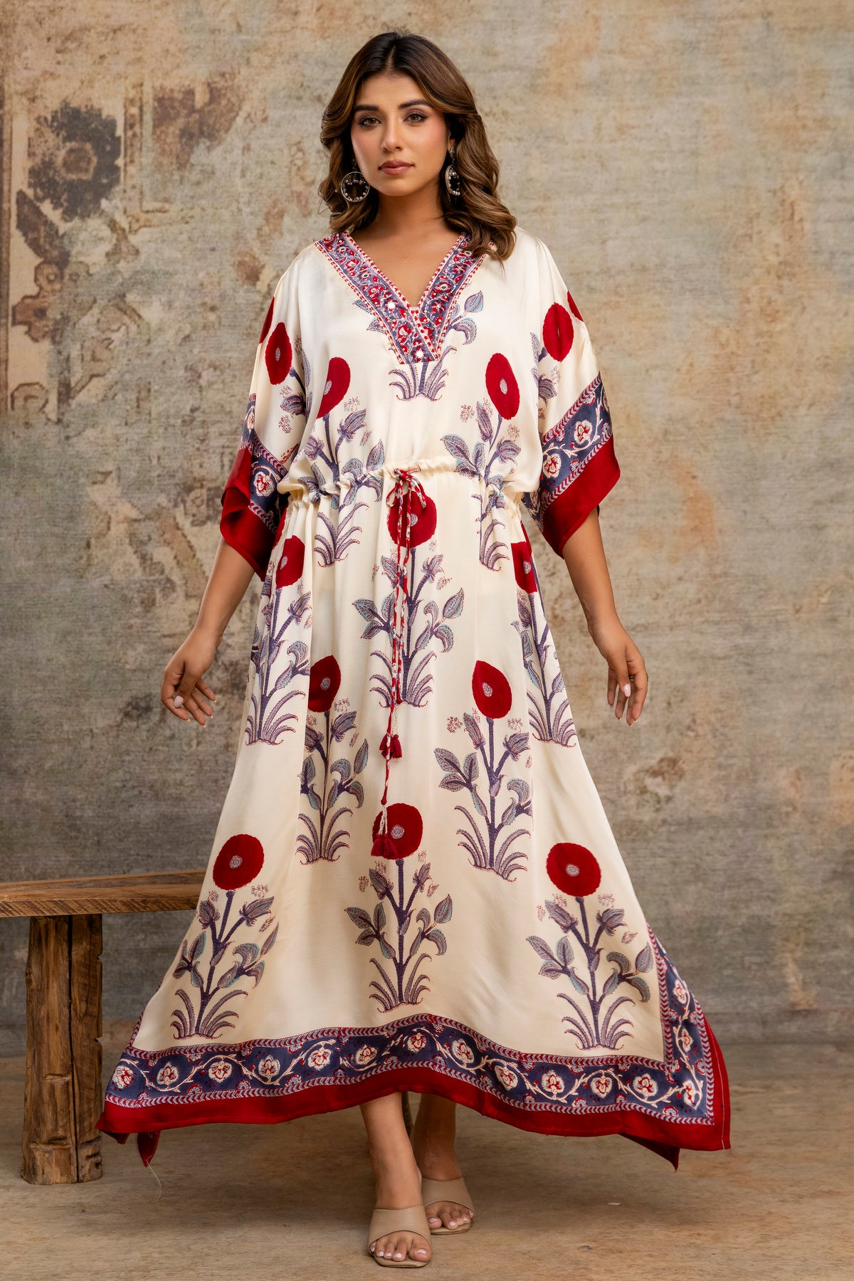 Ivory Poppy Hand Block Printed Modal Kaftan
