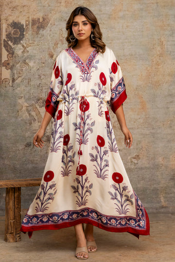 Ivory Poppy Hand Block Printed Modal Kaftan