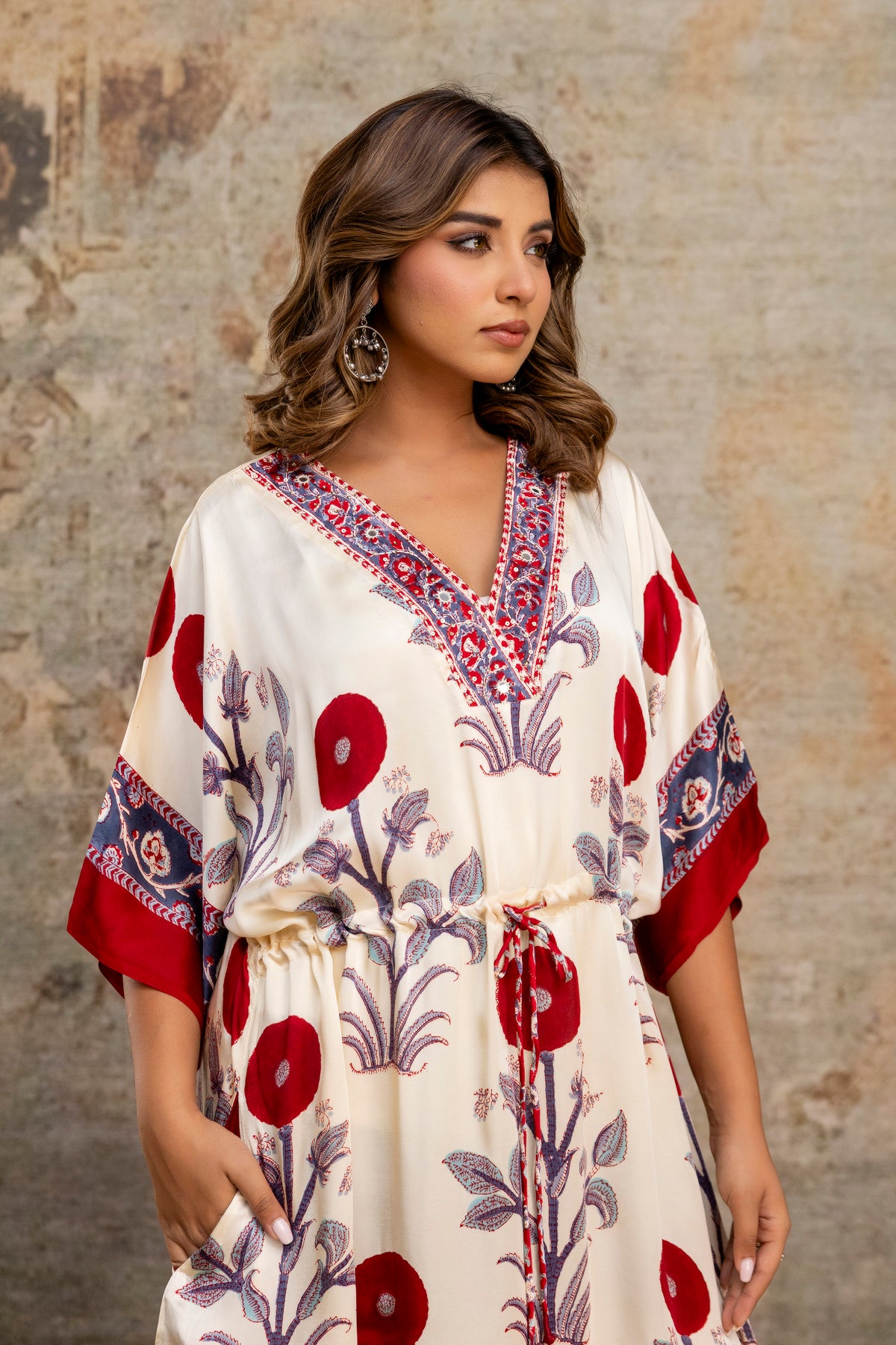 Ivory Poppy Hand Block Printed Modal Kaftan