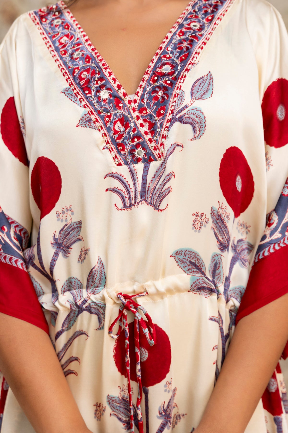 Ivory Poppy Hand Block Printed Modal Kaftan