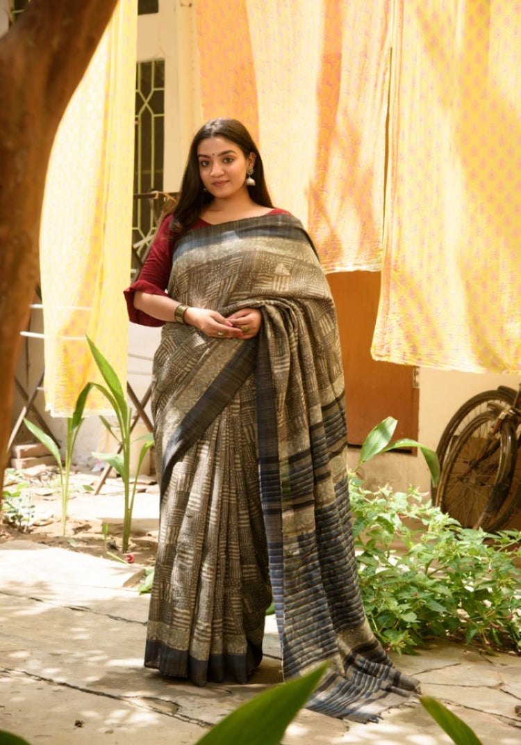 Tussar Silk Natural Dabu Print Saree