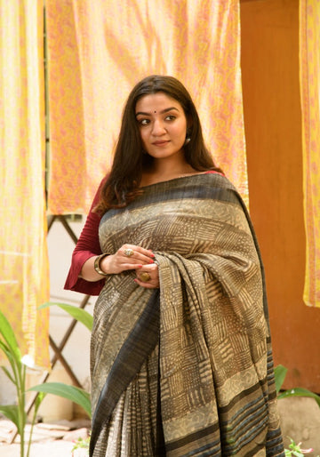 Tussar Silk Natural Dabu Print Saree