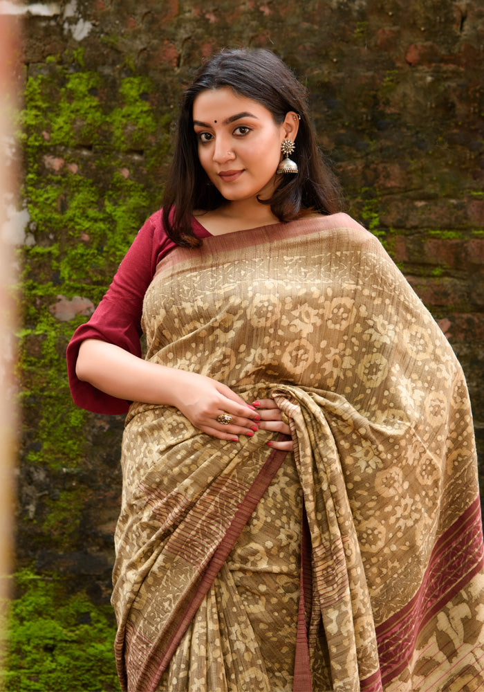 Tussar Silk Natural Dabu Print Saree